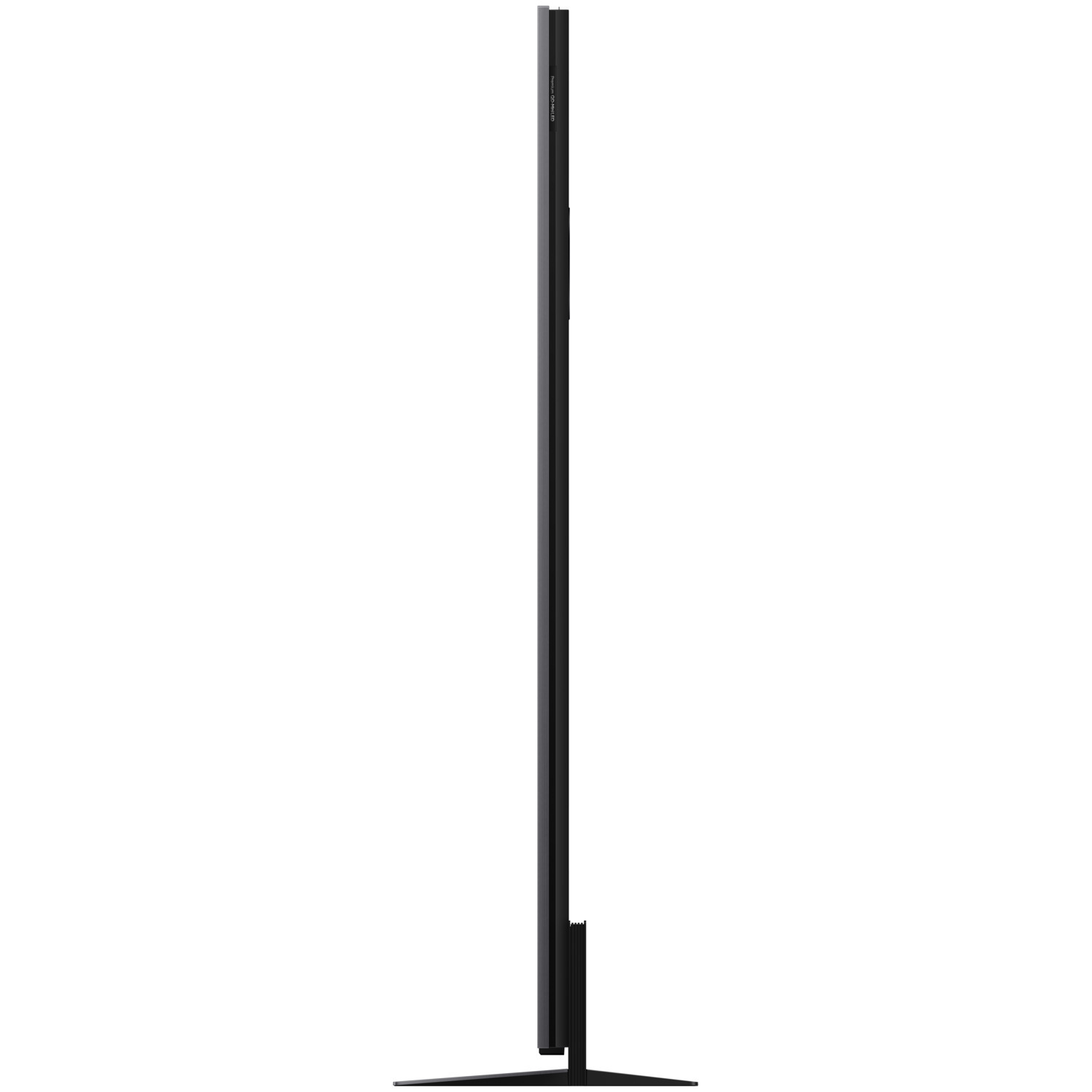 A thin, black, upright TV with a stand, against a white background.