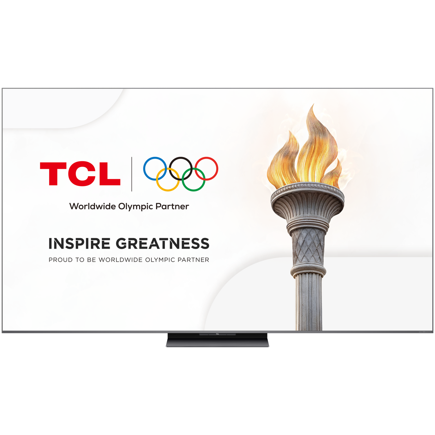 A TV screen displaying the Olympic rings and TCL logo with a torch.