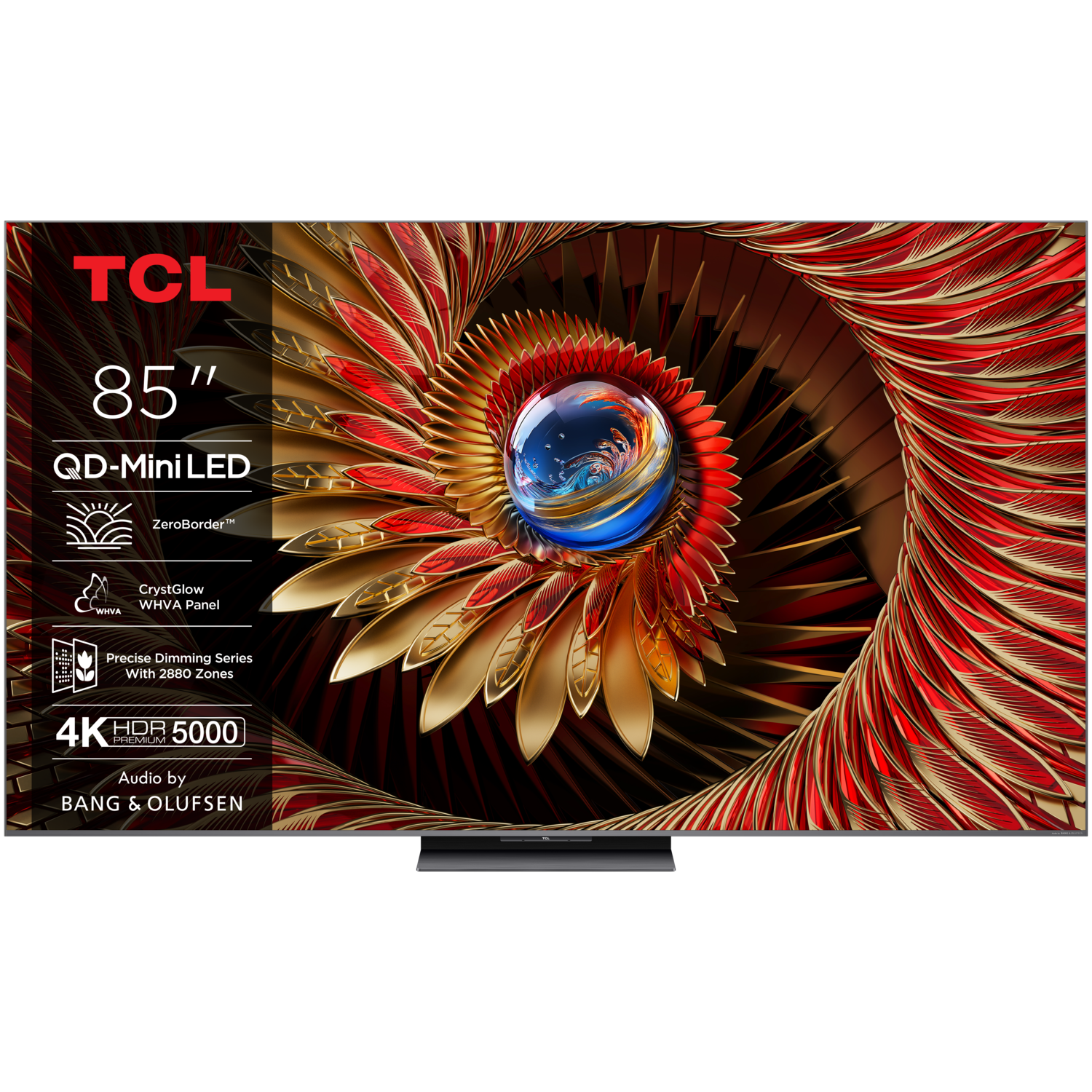Large TCL TV displaying a colorful abstract design with a blue orb and text on the screen.
