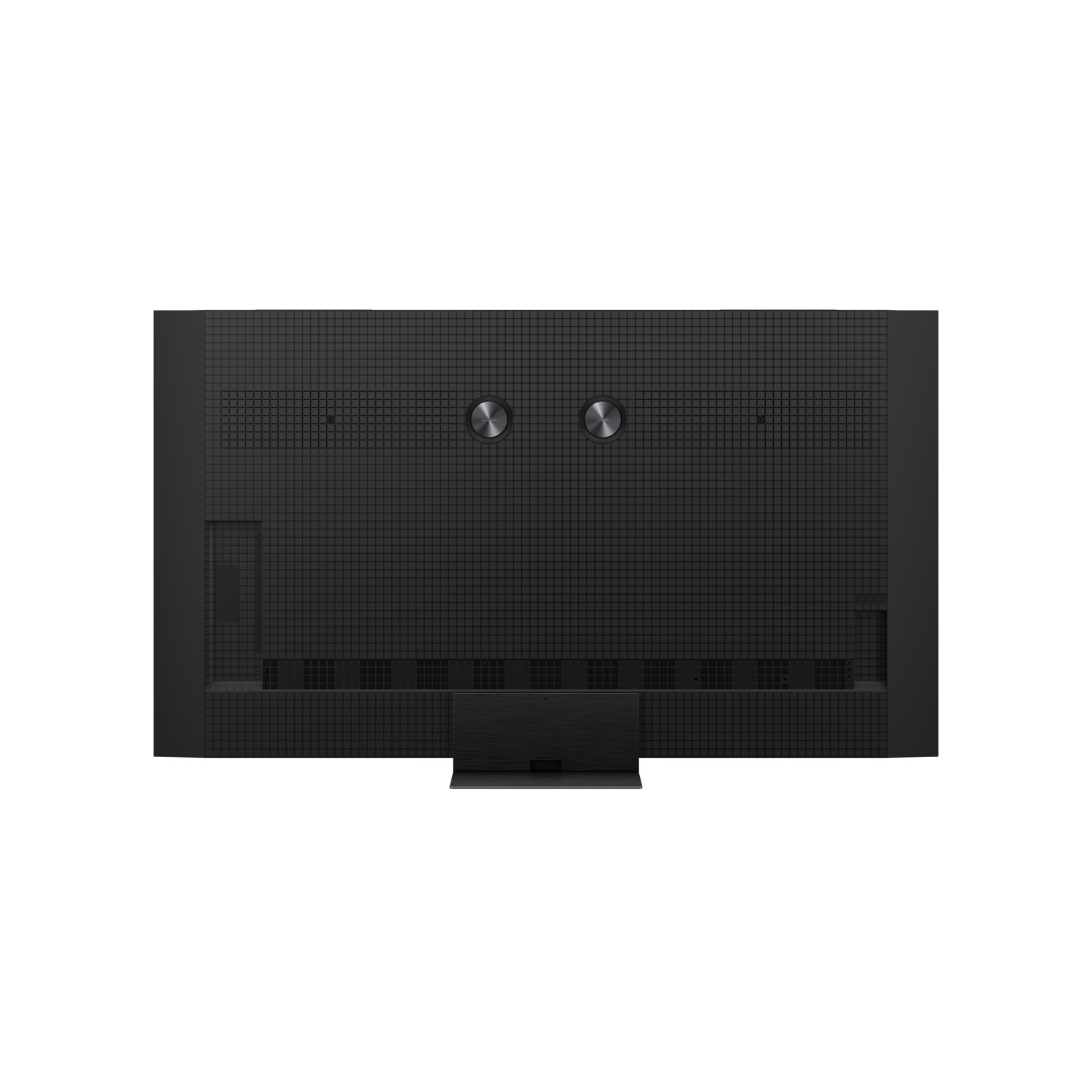The back of a TV with a grid pattern, two circular elements, and a stand base.
