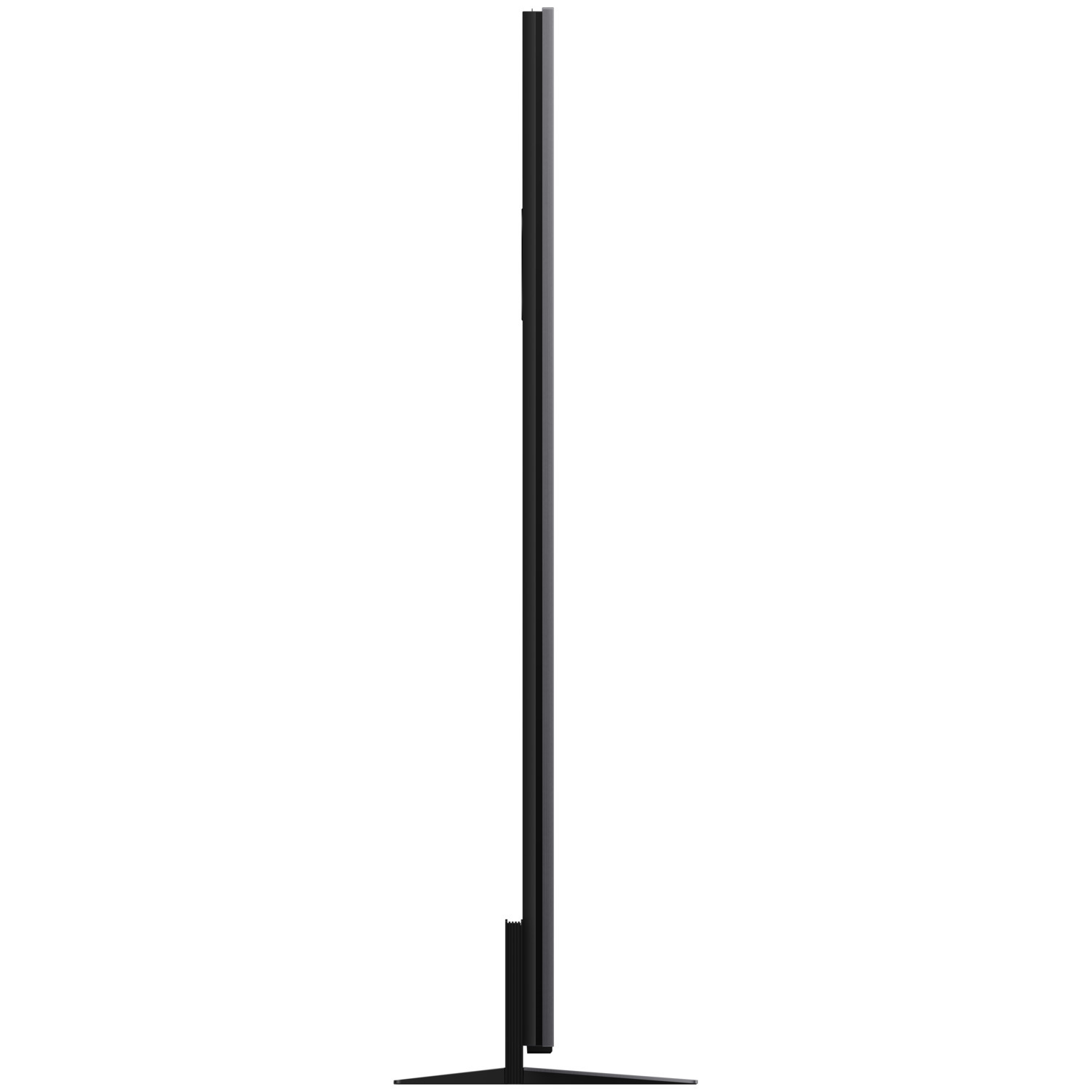 A tall, sleek black TV on a white background. It stands vertically, showing a side view.