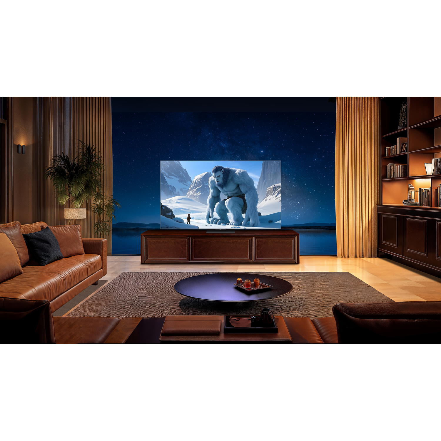 A large TV displays a scene with a Yeti in a snowy landscape. The room has leather furniture and curtains.