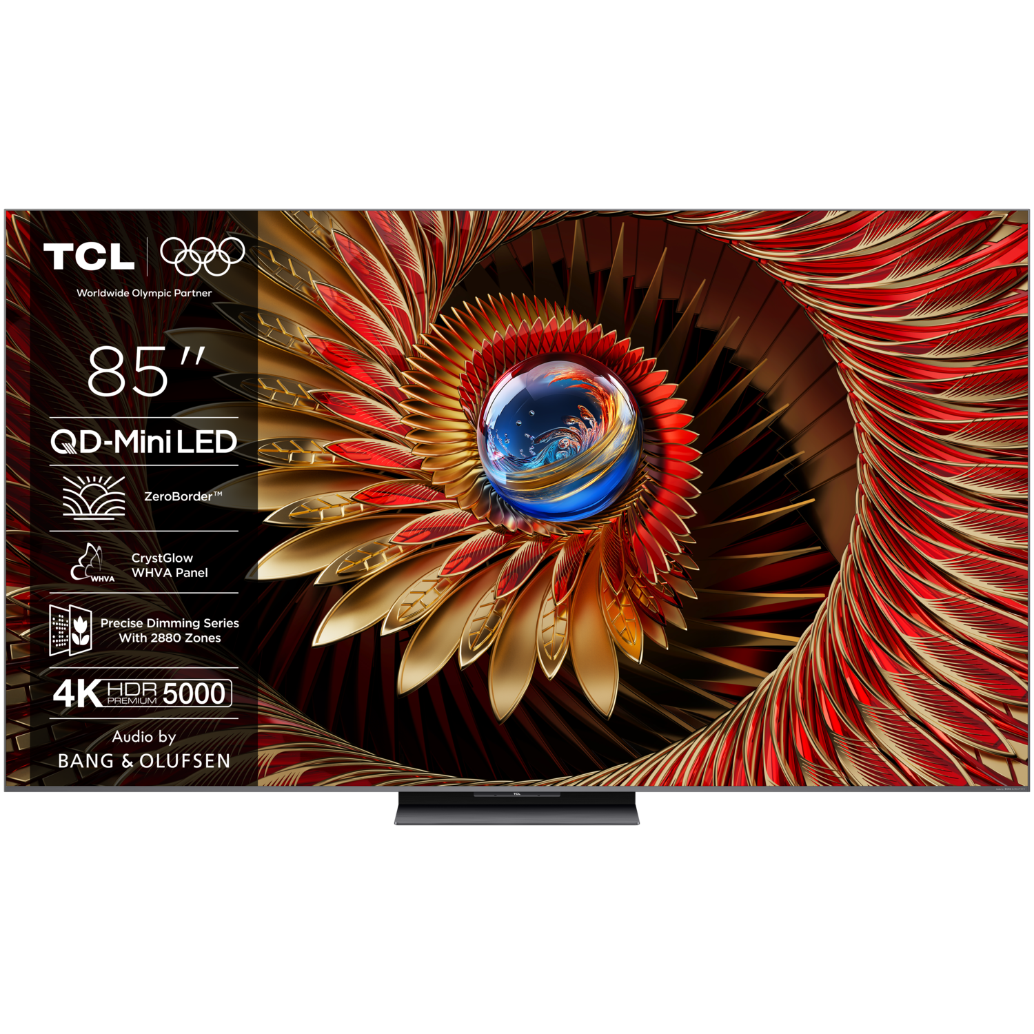 An 85-inch TCL TV displaying an abstract image, with text and logos on the screen.