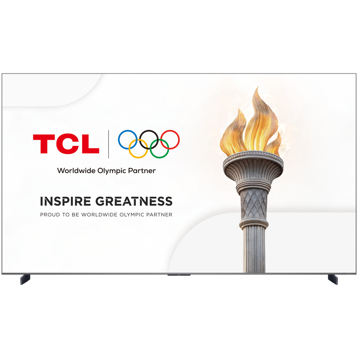 Witte achtergrond met TCL, Olympische ringen en tekst.
