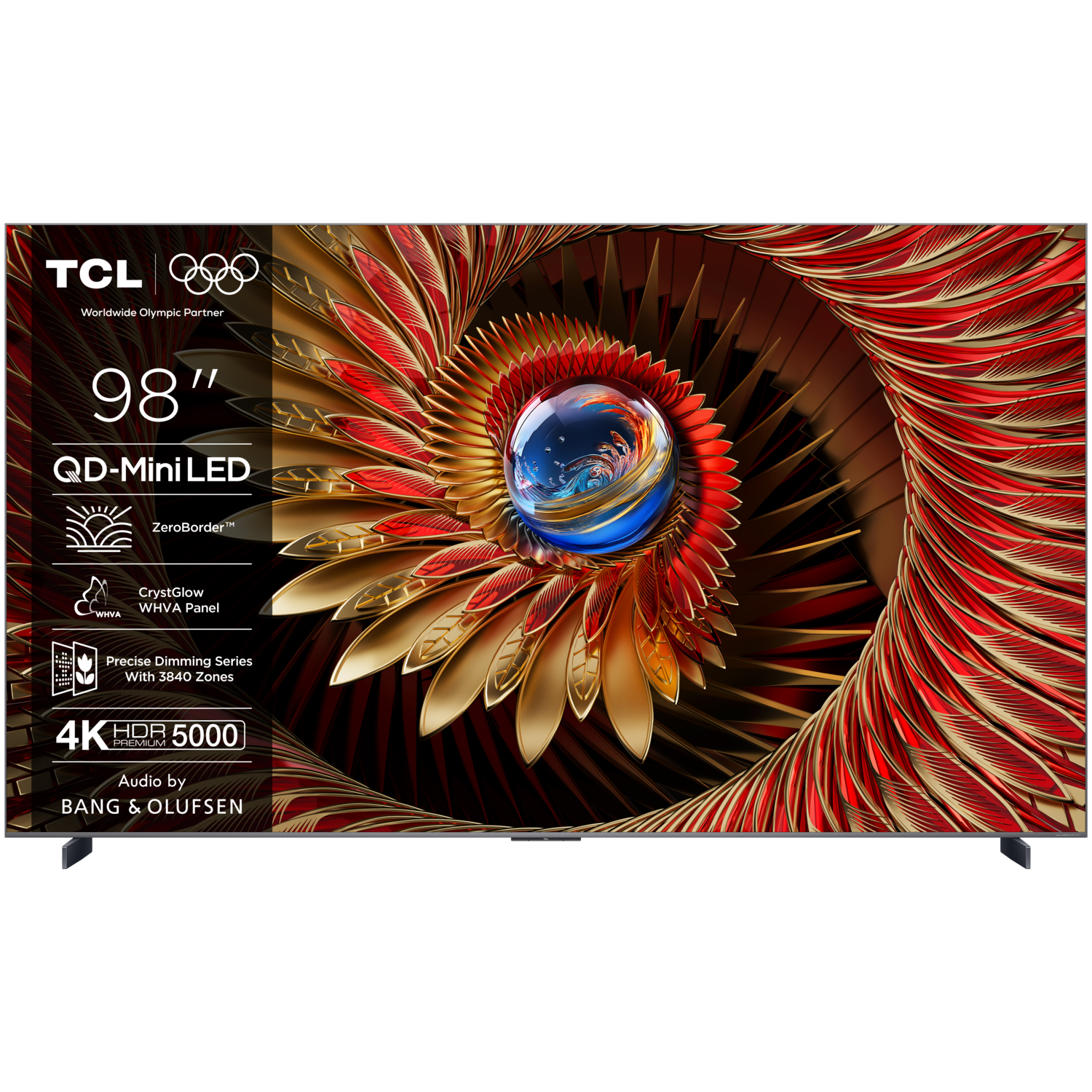 Groot tv-scherm met kleurrijk abstract ontwerp. De tv heeft een donkere lijst.
