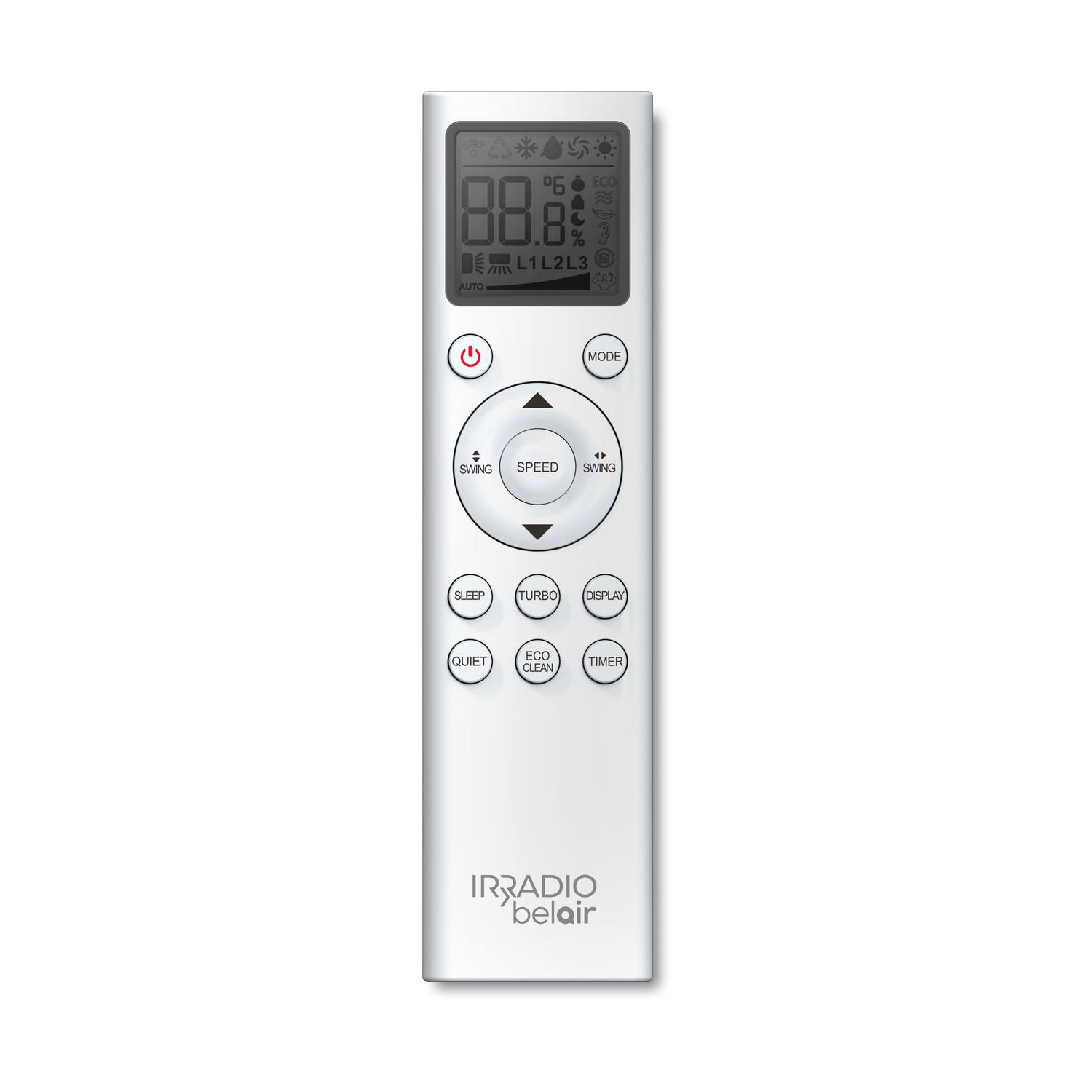 Telecomando bianco con pulsanti e display digitale.