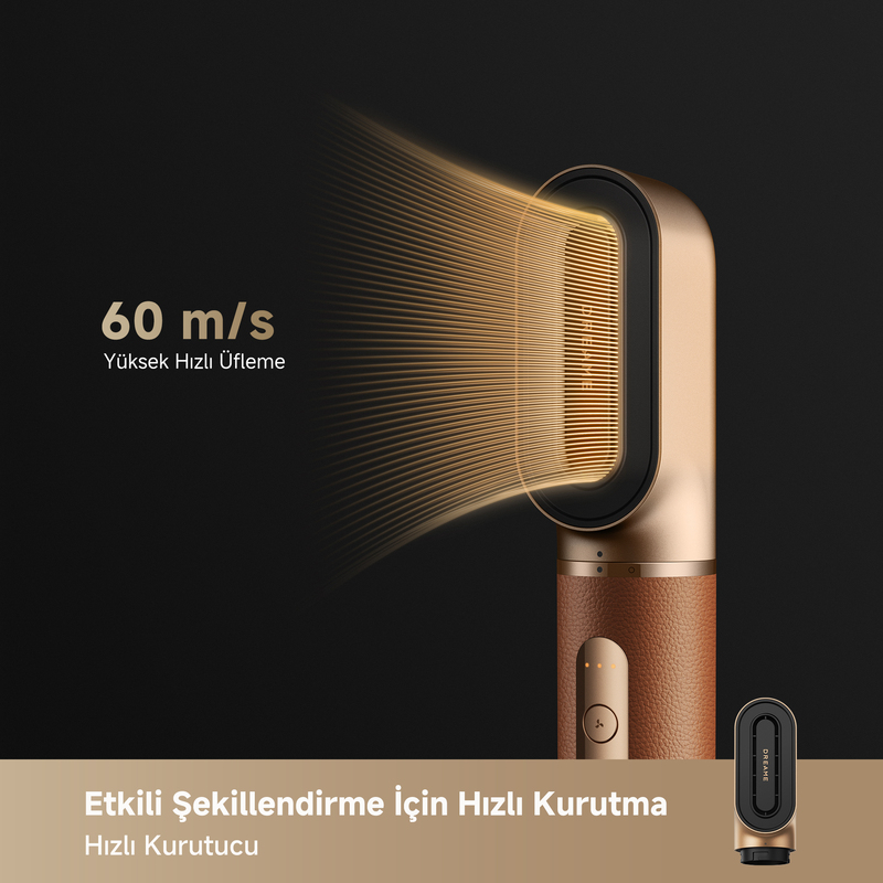 Hava akışına odaklanan altın saç kurutma makinesi. Metin, 60 m/s yüksek hızlı üfleme özelliğini açıklıyor.