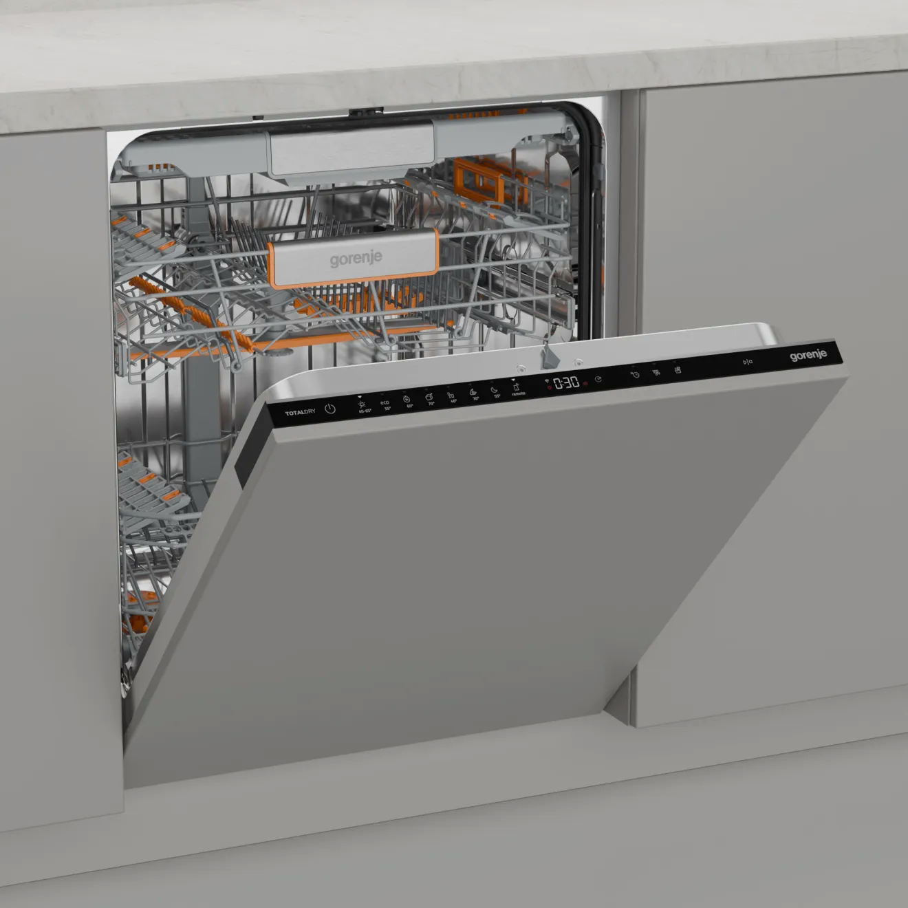Geschirrspüler, die Tür ist offen. Im Inneren sind die Marke Gorenje und andere Steuerungssymbole zu sehen.