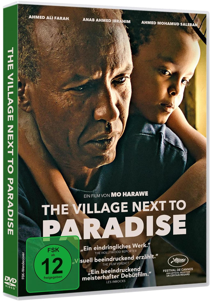 Ein DVD-Cover mit einem Mann und einem Kind. Der Titel lautet 'The Village Next to Paradise' auf Englisch und Deutsch.