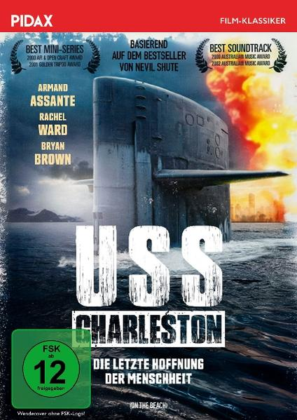 DVD-Cover, USS Charleston, ein U-Boot in rauer See, mit Flammen, dramatischer Beleuchtung.