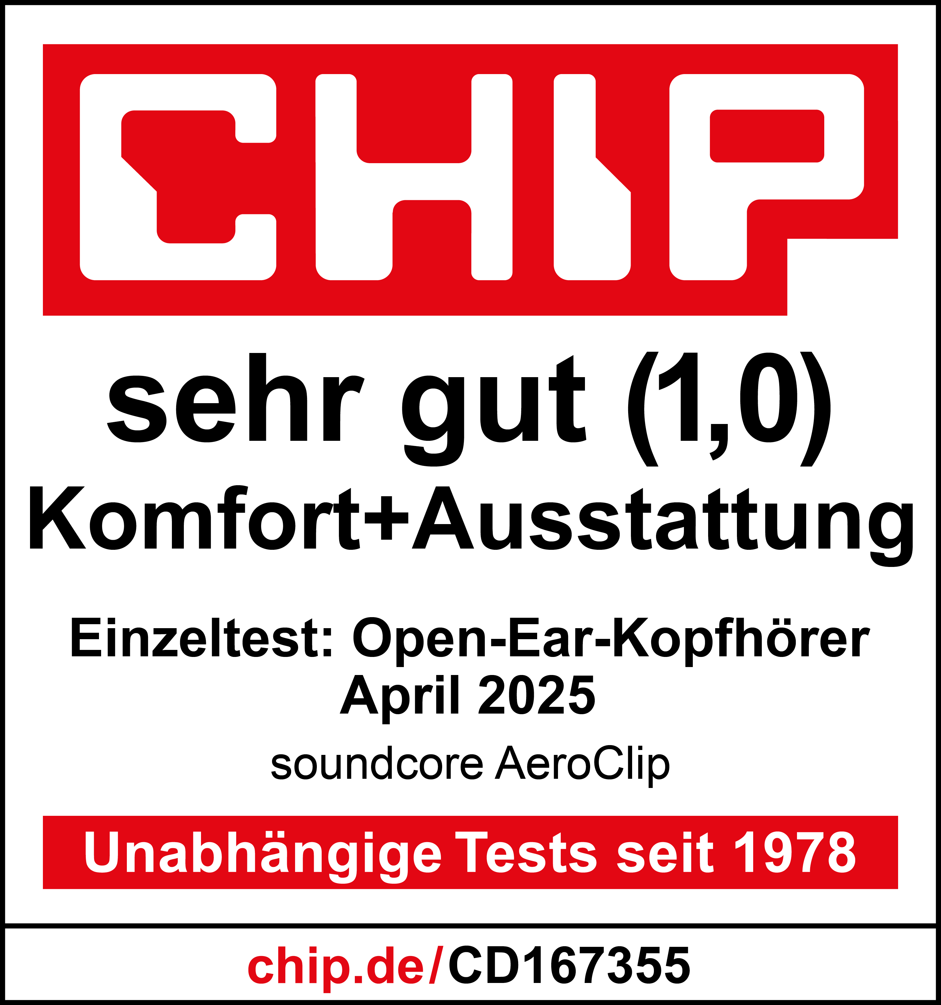 Eine Textgrafik mit 'sehr gut (1,0)' für soundcore AeroClip, mit Infos und Logo.