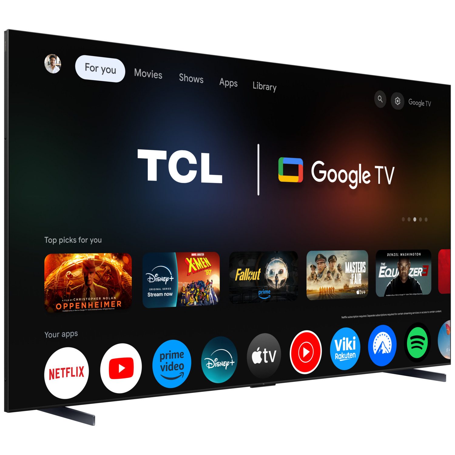 TCL Google TV. L'écran affiche Netflix, Prime Video, Disney+ et d'autres applications. Cadre et support noirs.