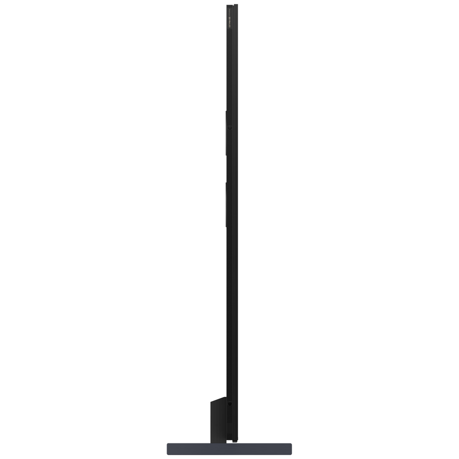 Une télévision noire et fine, debout sur un support.