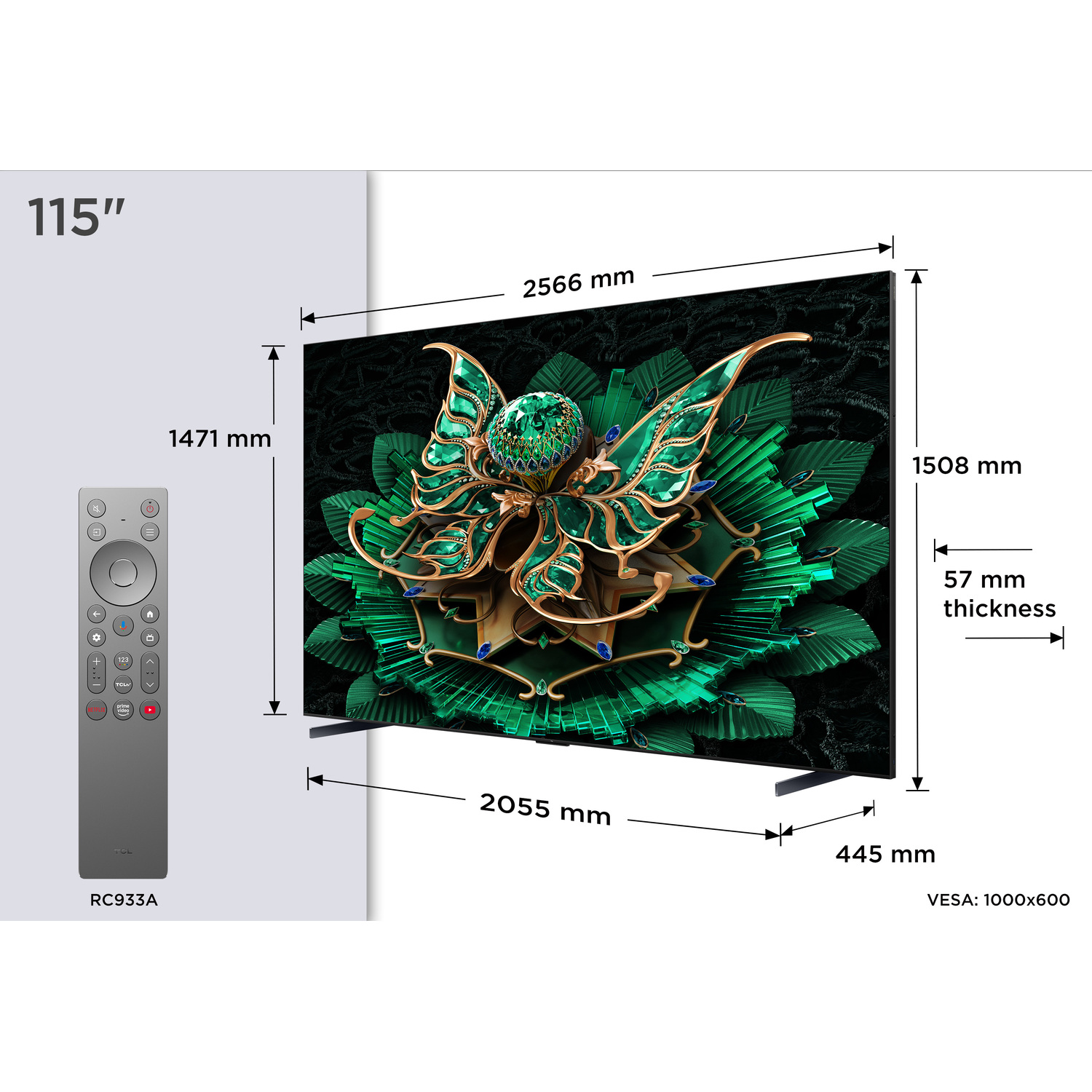 Grand téléviseur avec dimensions, télécommande à gauche et motif floral décoratif sur l'écran.