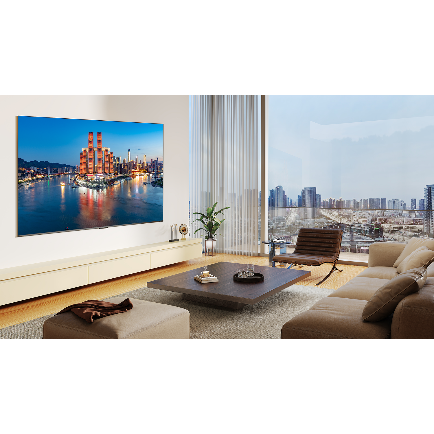 Salon avec une télévision affichant une ligne d'horizon urbaine, avec vue sur la fenêtre.