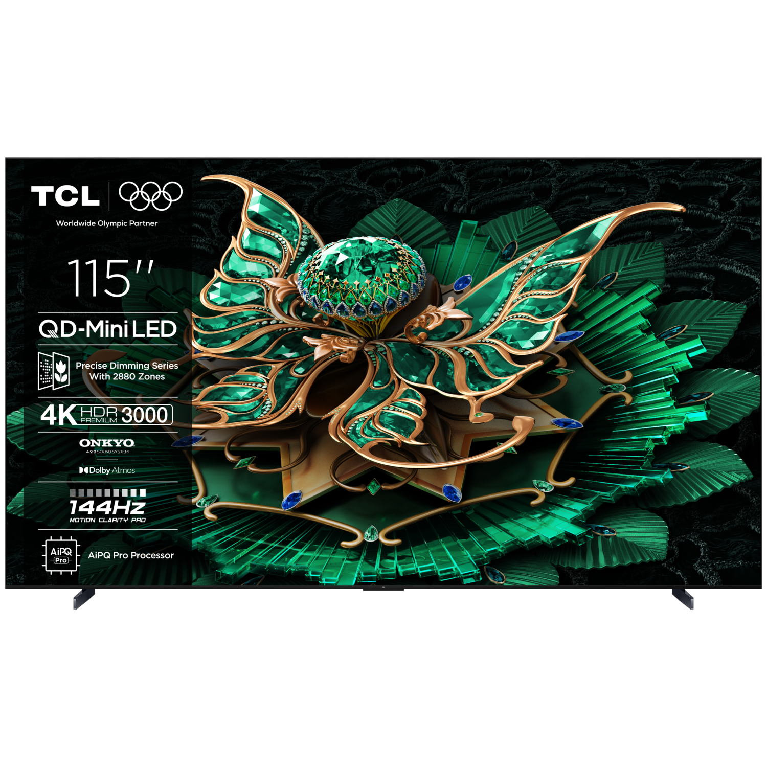 Un grand téléviseur TCL avec un design abstrait coloré et des logos.