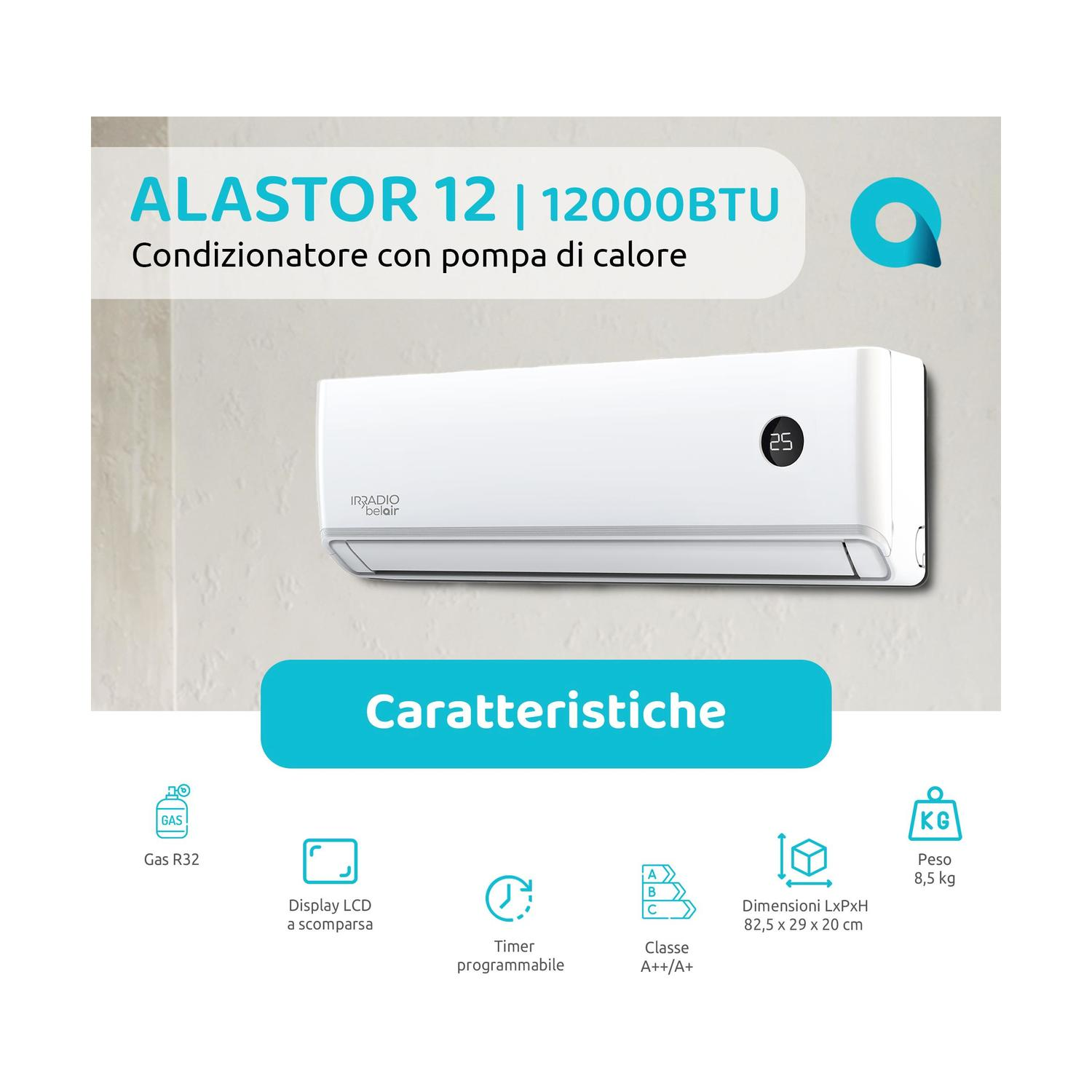 Condizionatore bianco con display digitale, su una parete. Testo: ALASTOR 12 | 12000BTU, e caratteristiche.