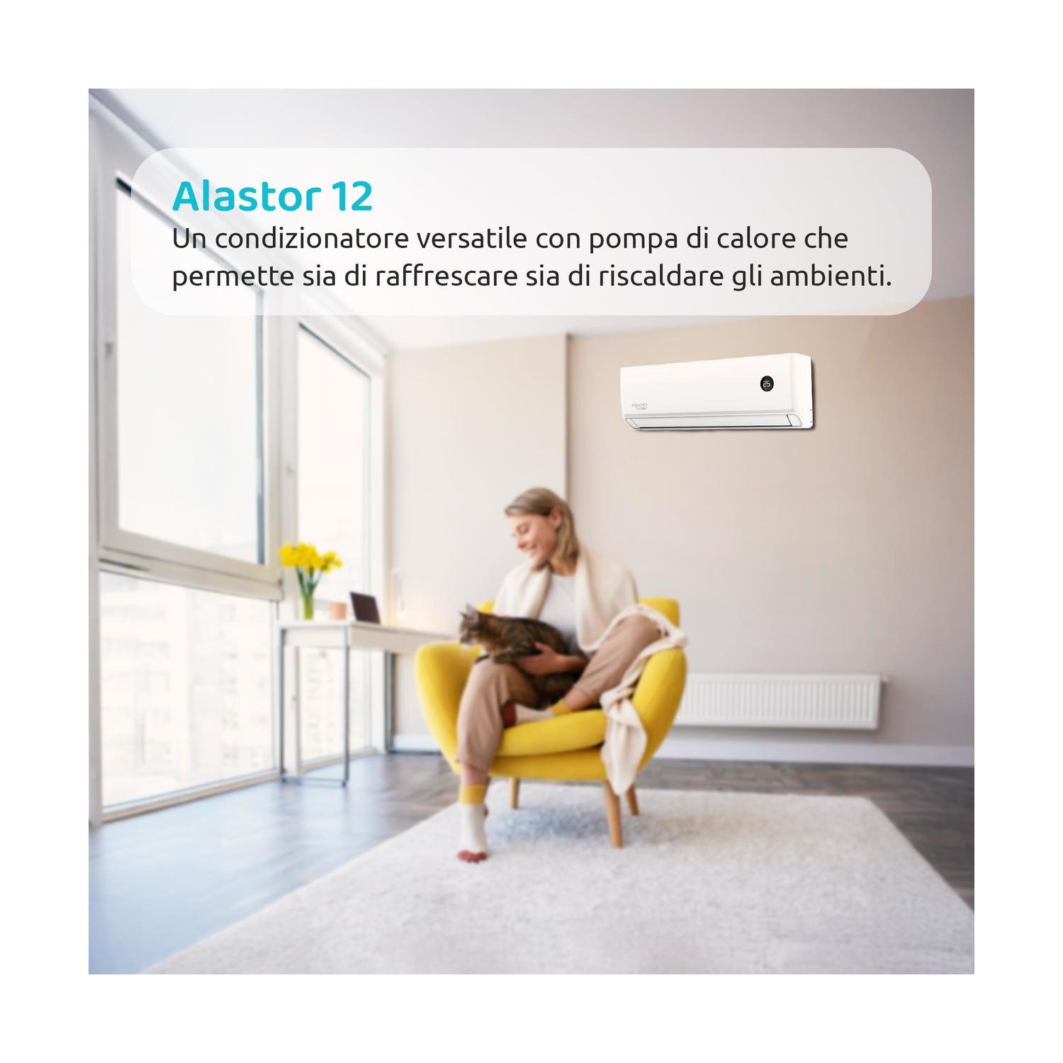 Una donna seduta su una sedia gialla con un gatto, di fronte a un condizionatore bianco. Testo 'Alastor 12'.