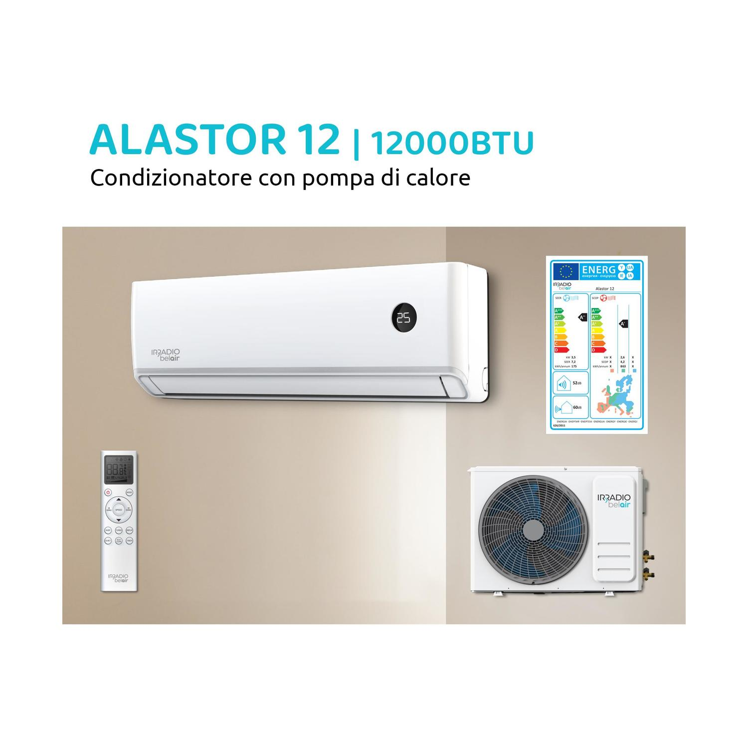 Condizionatore bianco con telecomando, etichetta energetica e unità esterna. Testo: Alastor 12 | 12000BTU.