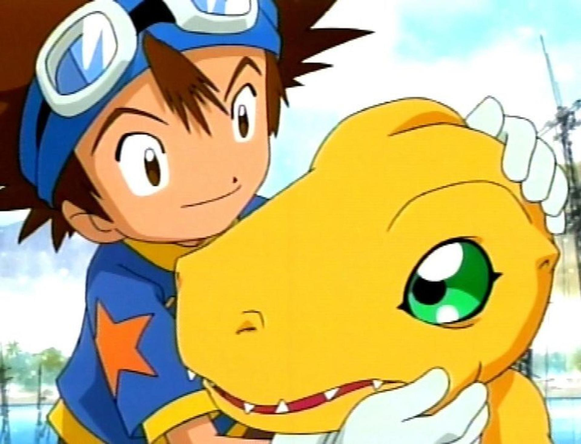 Ein Anime-Bild eines Jungen, der ein großes, gelbes, dinosaurierähnliches Wesen umarmt.