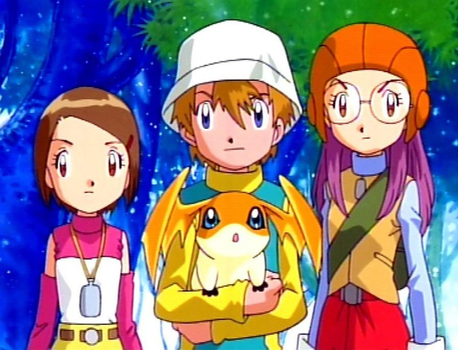 Drei Zeichentrickfiguren aus einem Digimon-Anime.