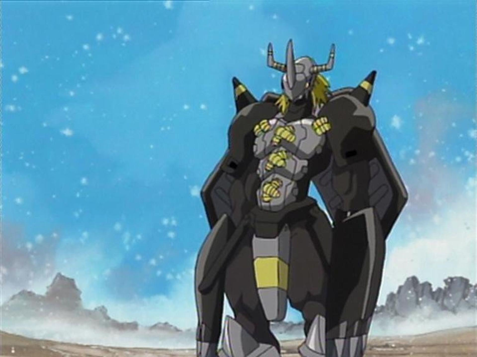 Eine Digimon-Figur, Machinedramon, in Kampfpose vor blauem Himmel.