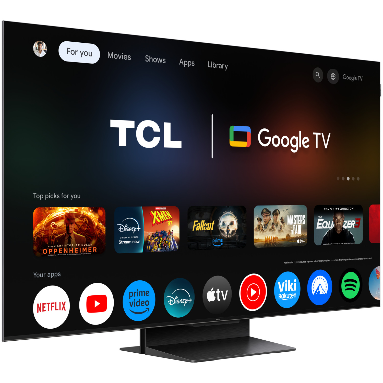 A large black TCL Google TV displays a home screen.
