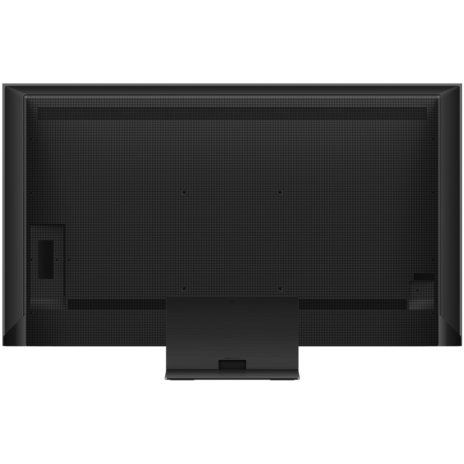 Back view of a black TV. It has a grid-like textured back with a center stand.