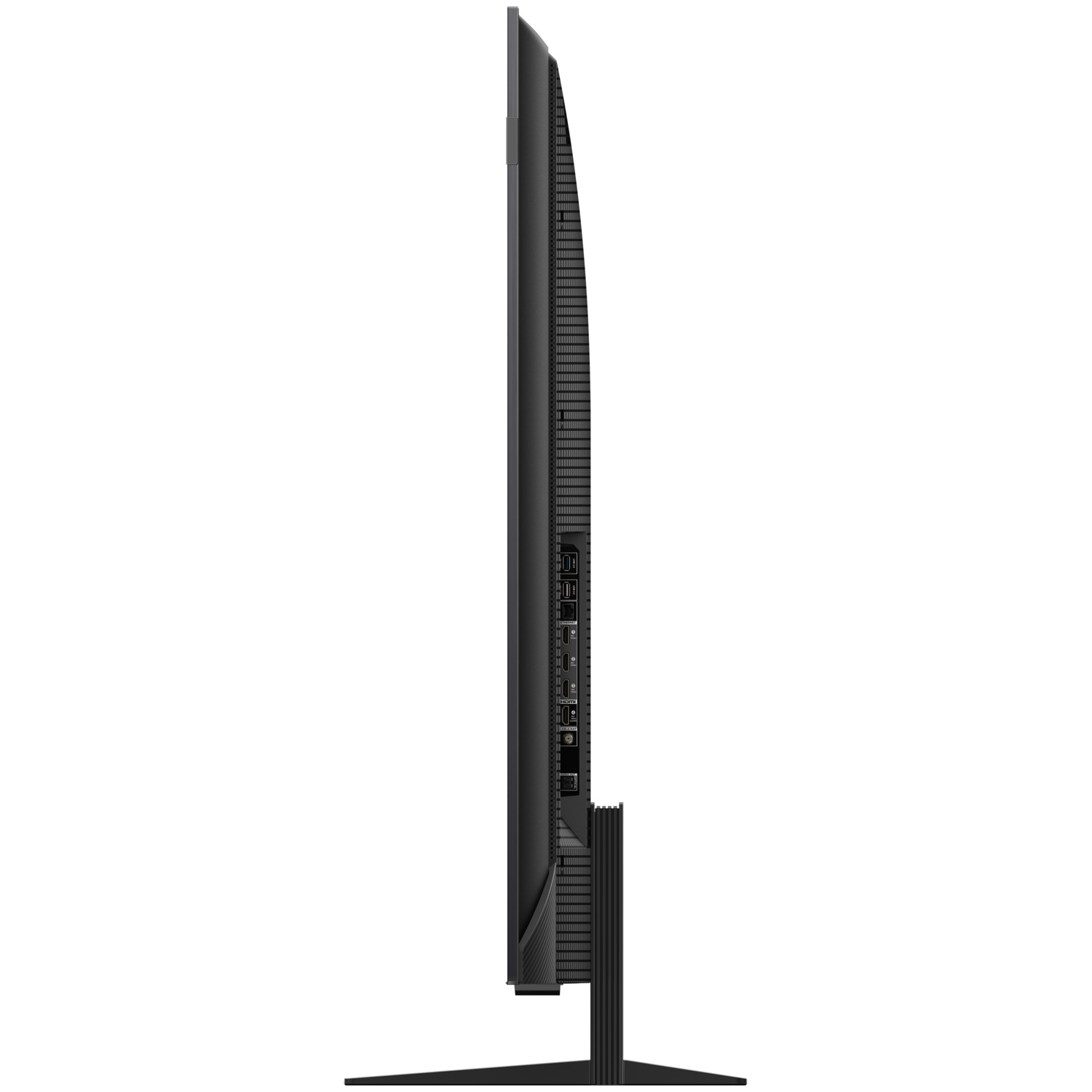 A side profile of a black TV with a stand. It has a thin frame and a sleek design.