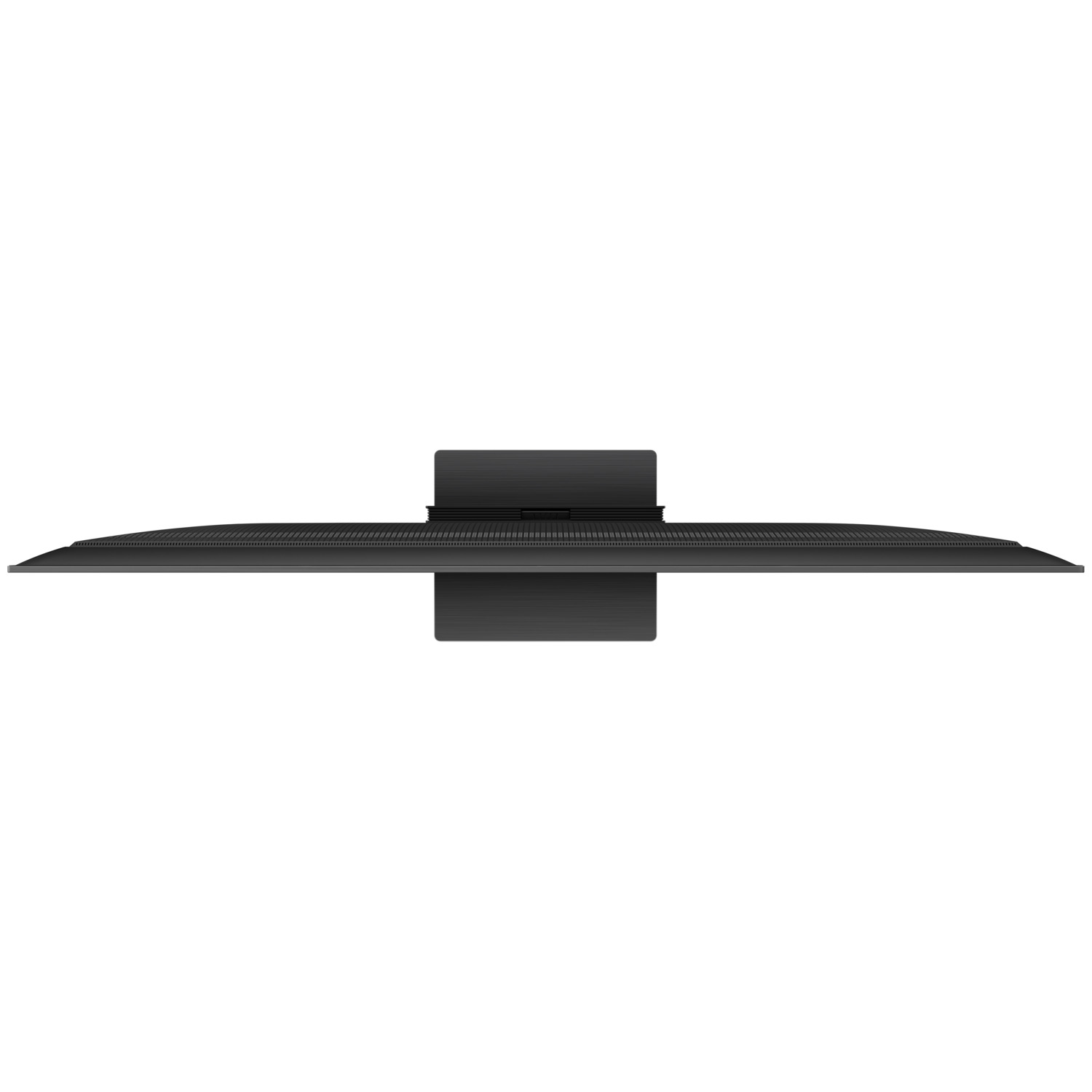 Top view of a black TV with a stand. Black background.