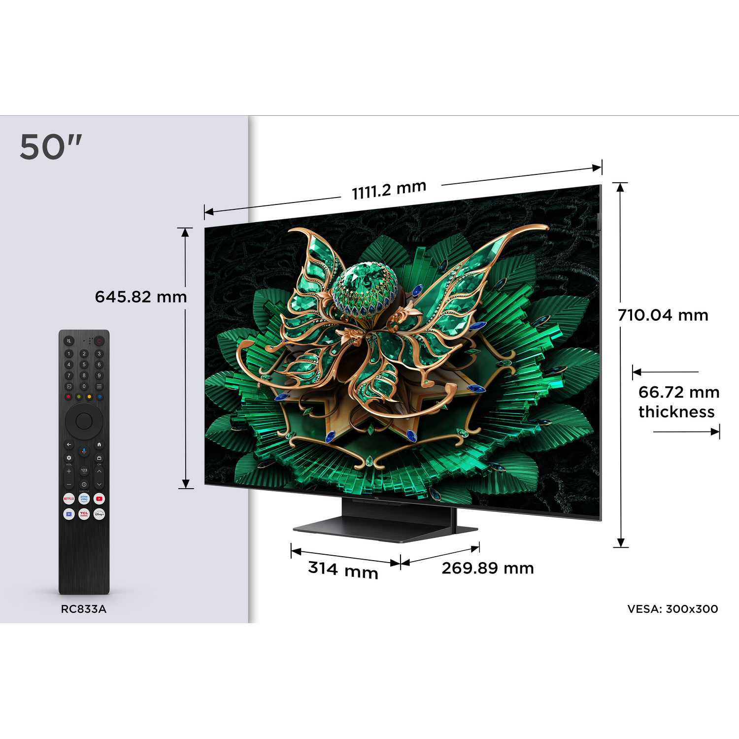 A 50-inch TV with dimensions and a remote control on the left.