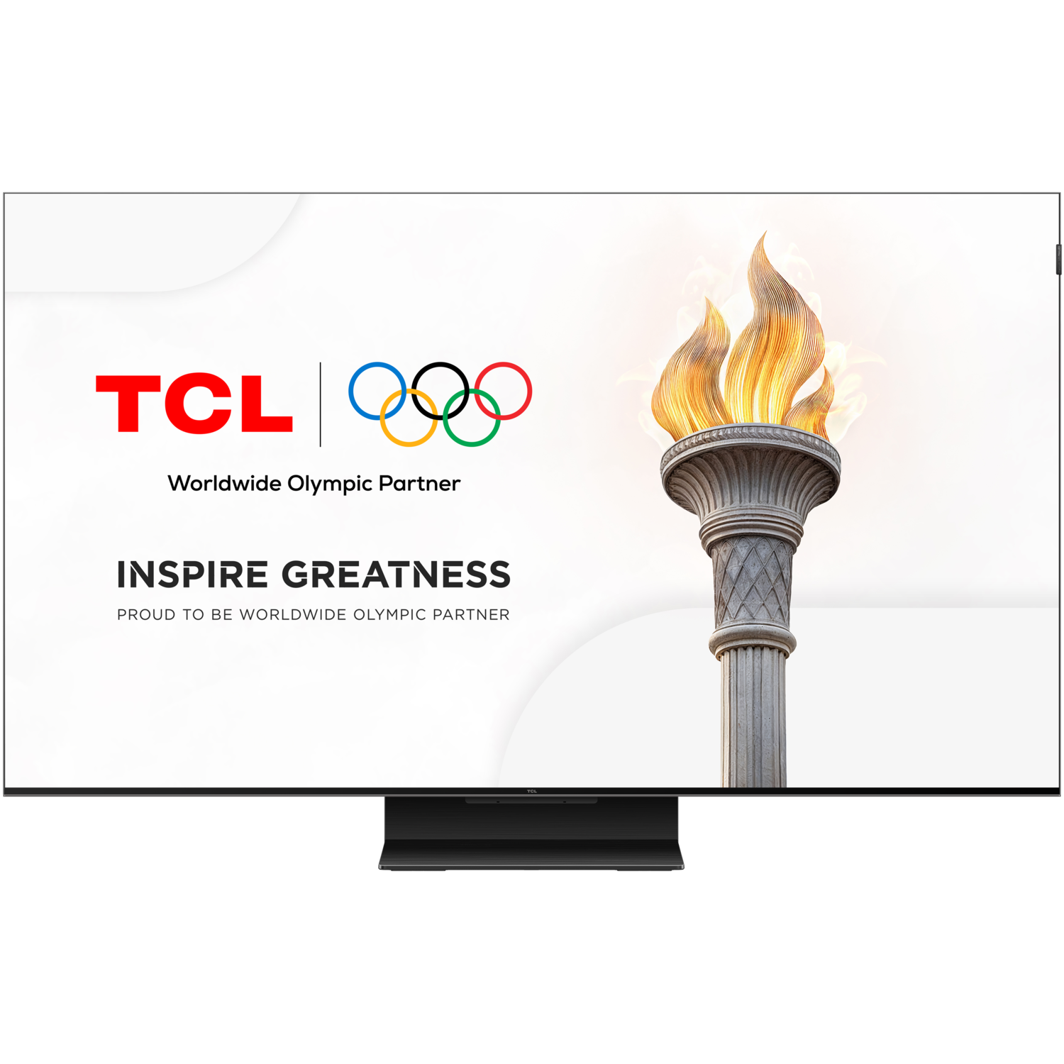 TCL TV screen displays a torch and Olympic rings. Text reads: Inspire Greatness, Worldwide Olympic Partner.