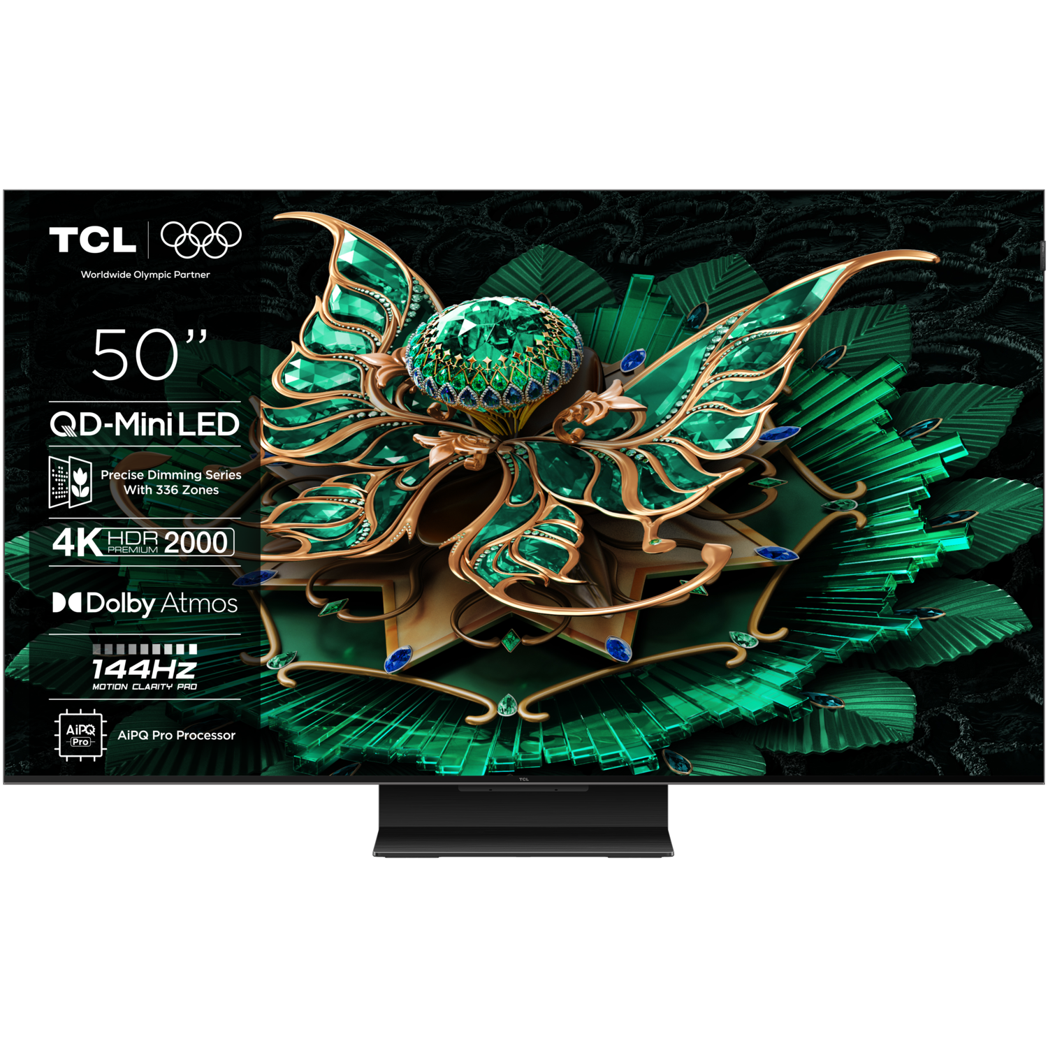 A 50" TV screen displaying a complex floral design with a black base and stand.