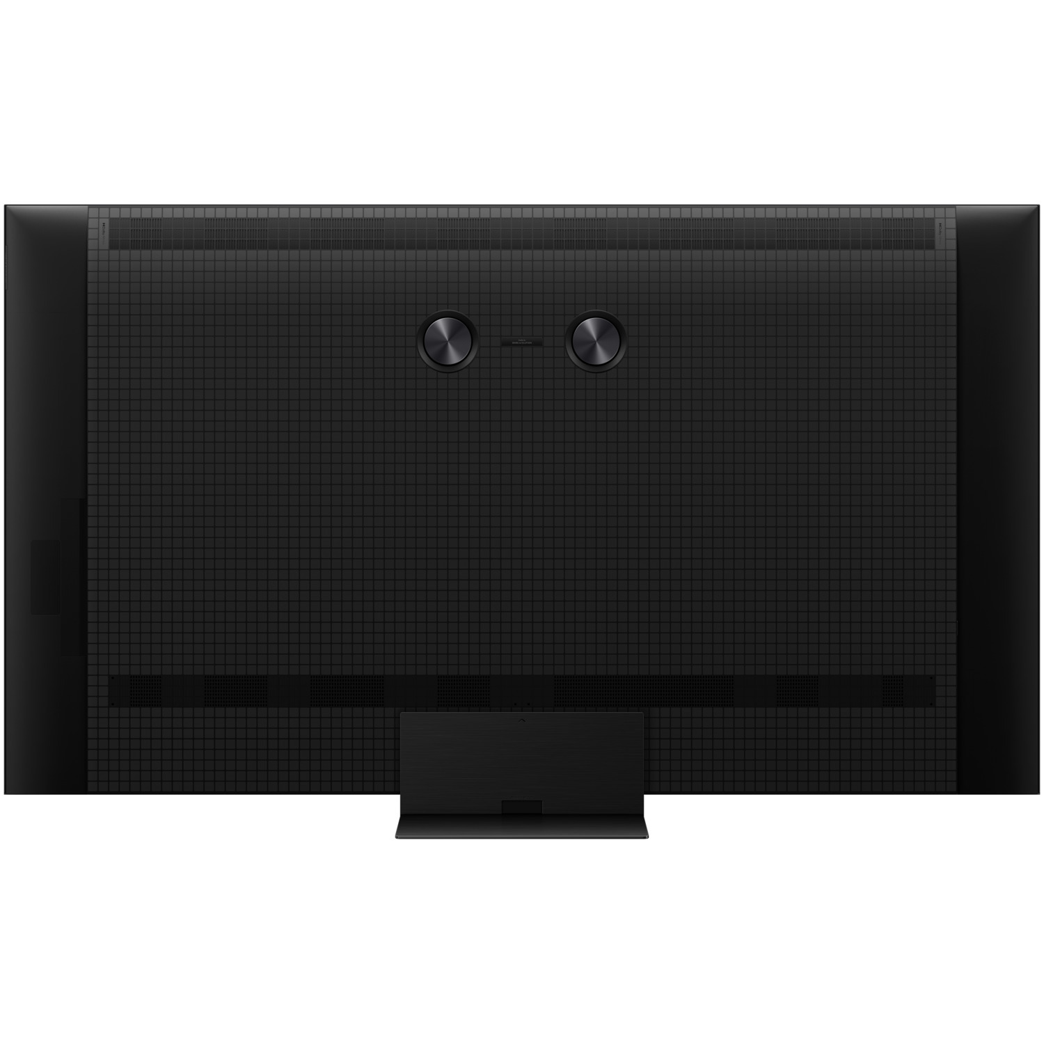 Arrière d'un téléviseur noir avec motif quadrillé et pied.