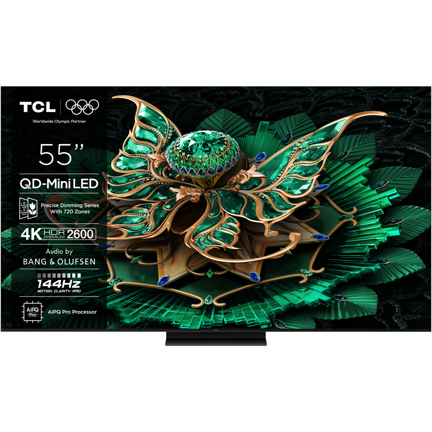 TV 55 pouces avec affichage floral coloré. Le téléviseur a plusieurs fonctionnalités. Support noir.
