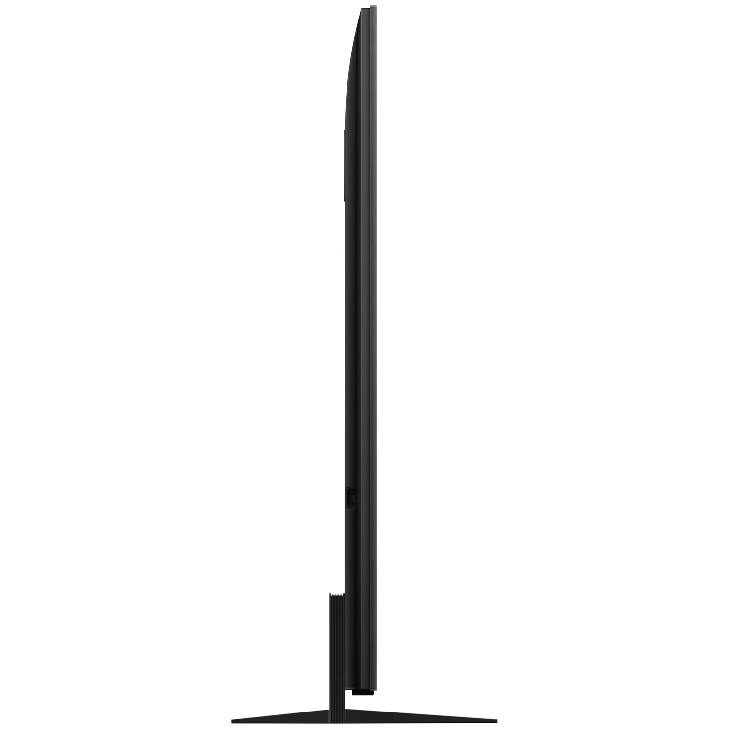 Black TV from the side view. It is standing on a stand and the screen is off.
