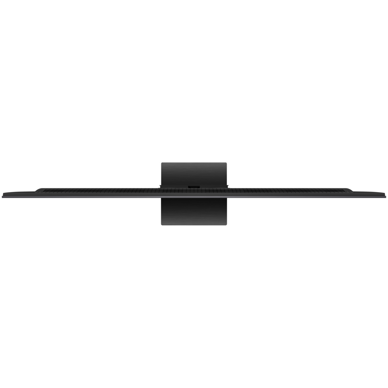 Top-down view of a black TV with a centered stand on a white background.