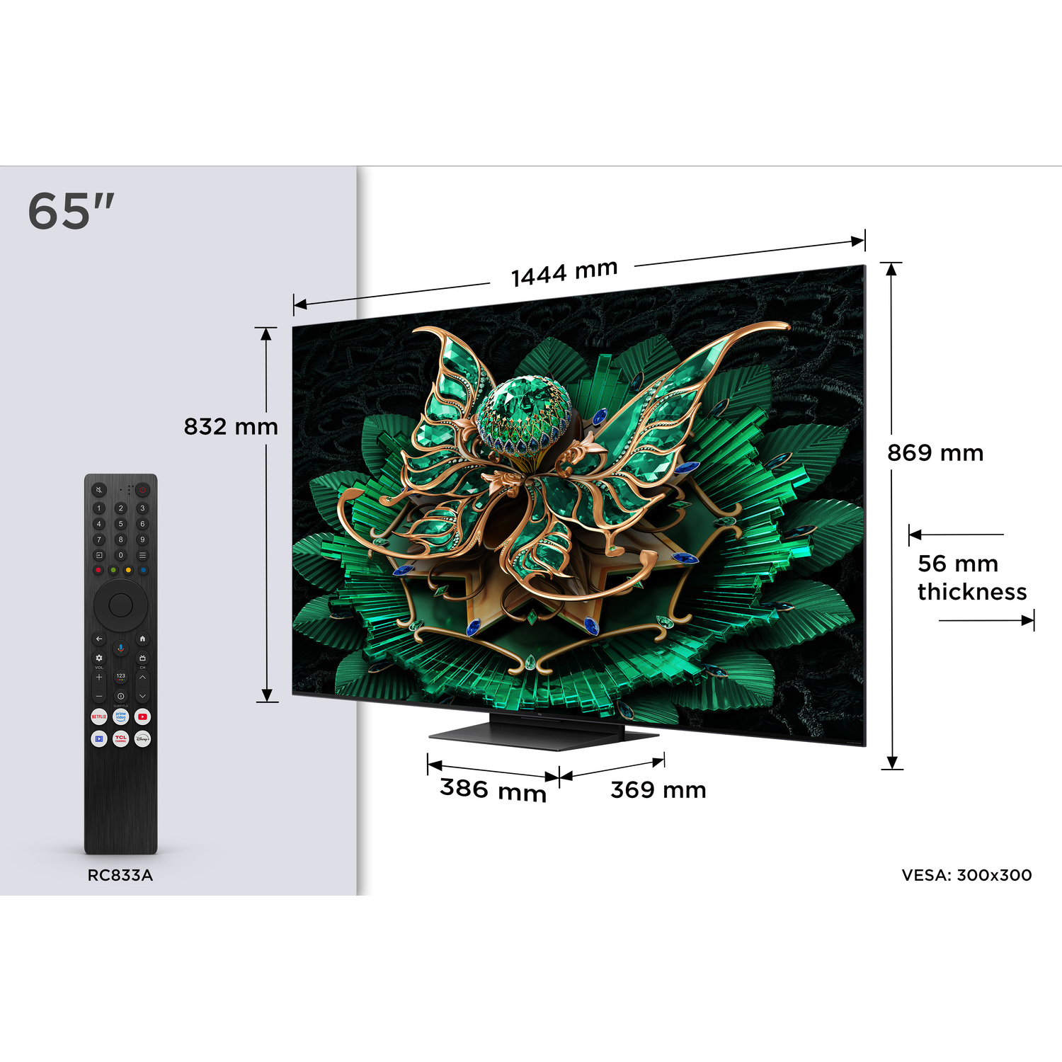 A large TV screen with dimensions and a remote control on the left.