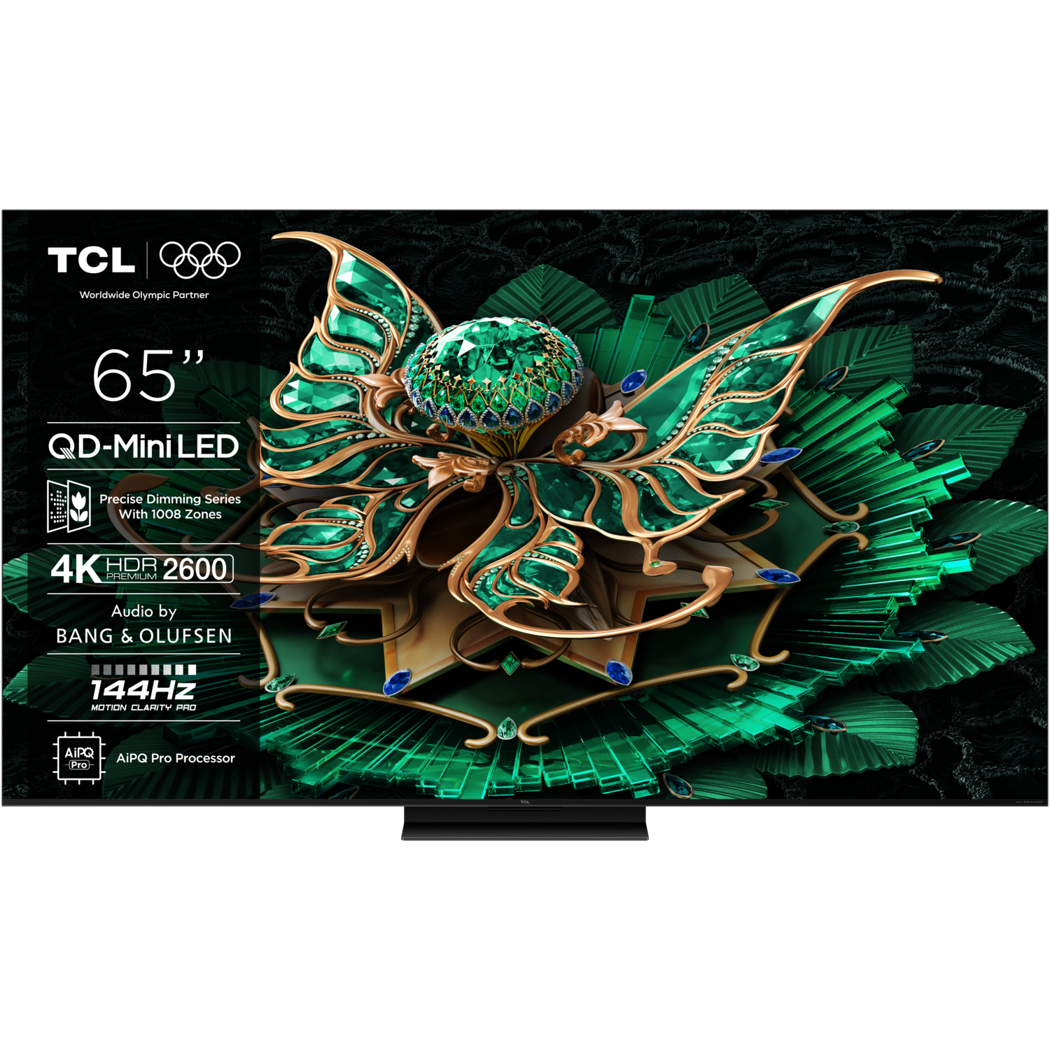 TCL 65" TV, floral design screen, 4K HDR, Bang & Olufsen audio, and 144Hz refresh rate.