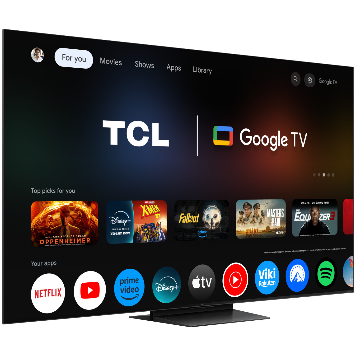TCL Google TV displaying apps like Netflix, Disney+. Black frame, stand. User interface on screen.