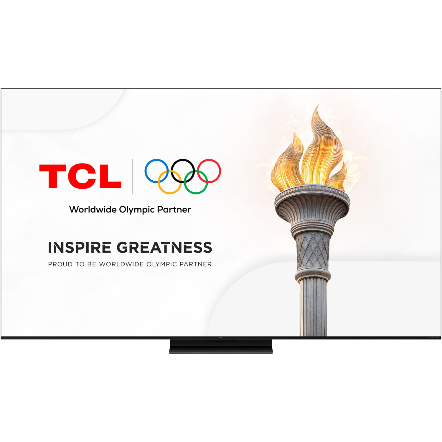 TV screen with a TCL logo and Olympic rings, with a torch graphic. Text: Inspire Greatness.