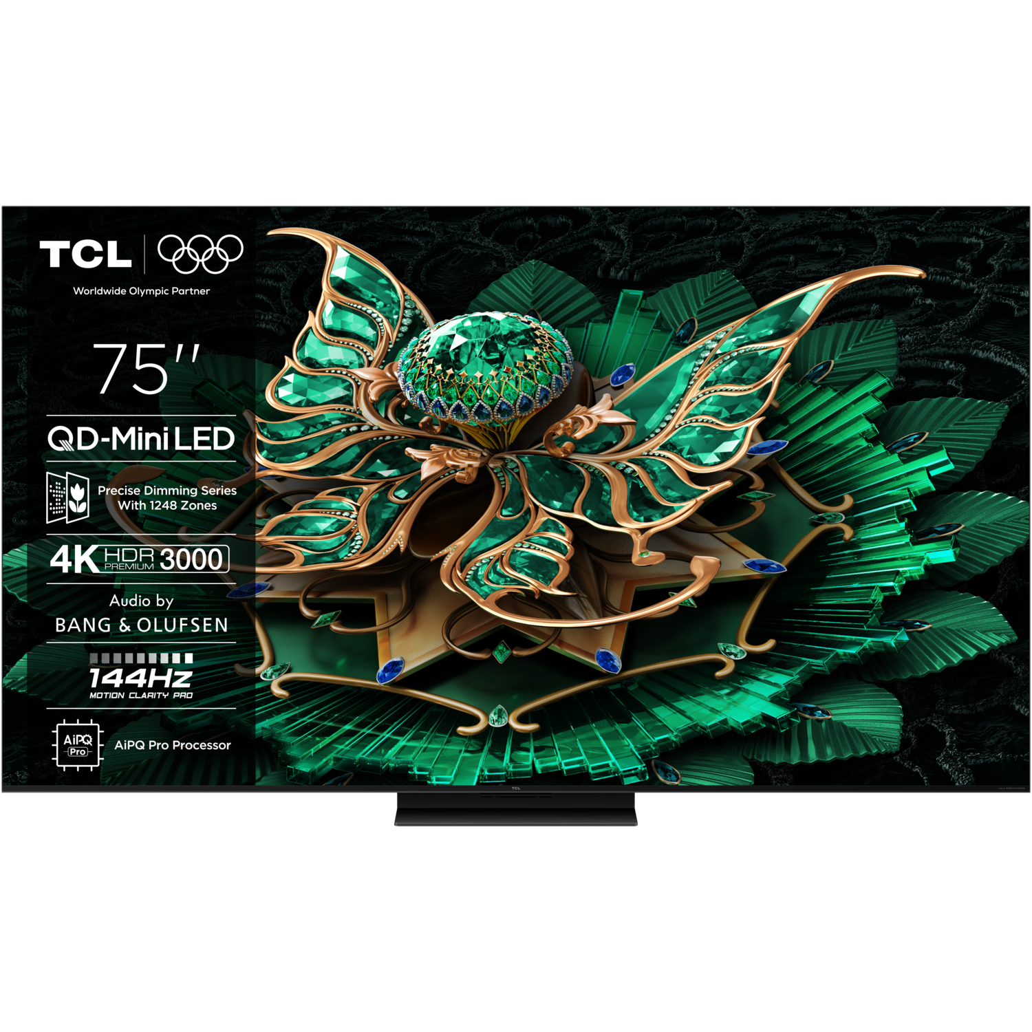 A large TV screen showing a colorful image with logos at the top and bottom.