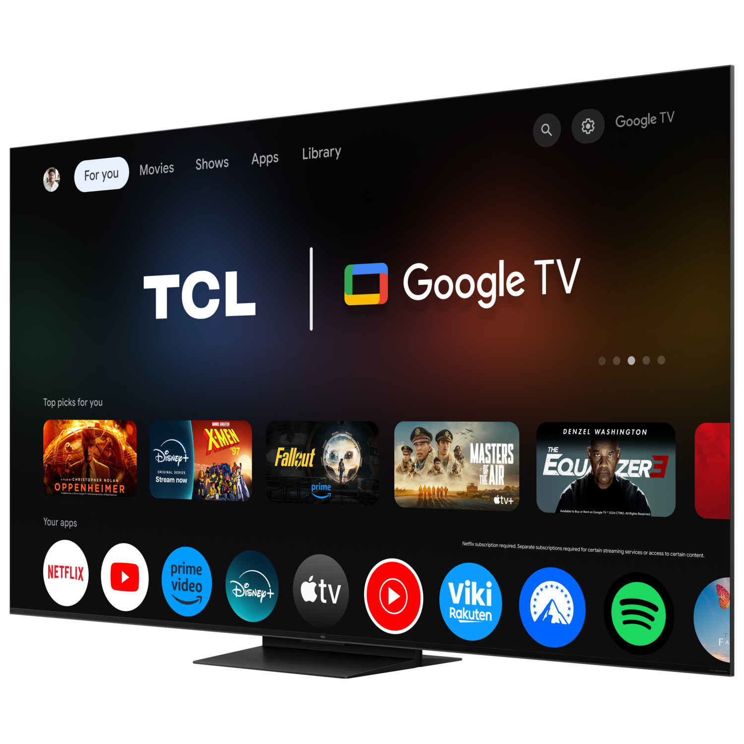 TCL Google TV. TV displays interface with apps and movies. Black frame, white background.