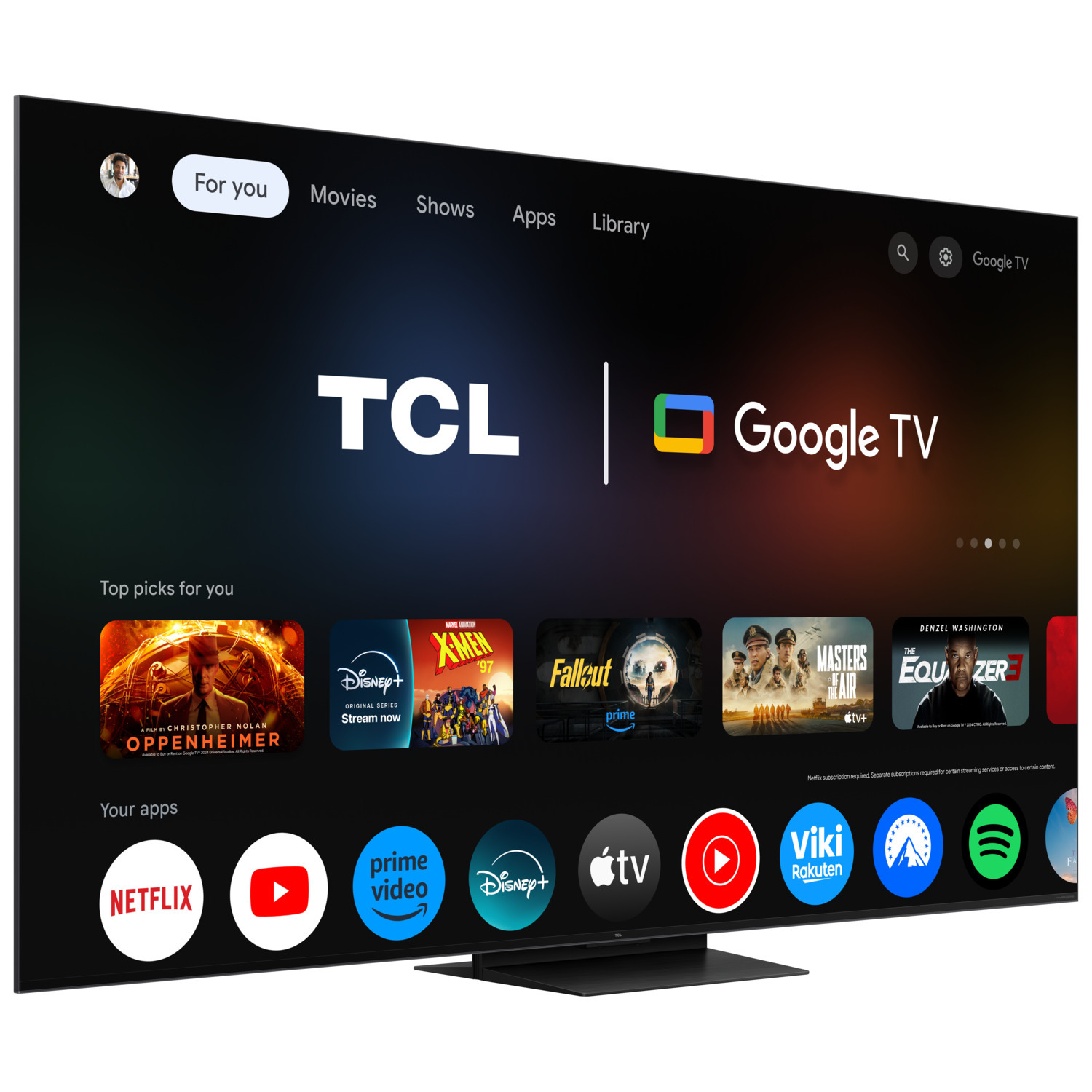 A large TV screen displaying a home screen with apps and shows, and the Google TV logo.