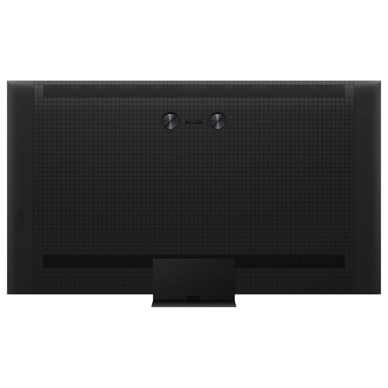 The back of a black TV with a grid pattern and a black stand.