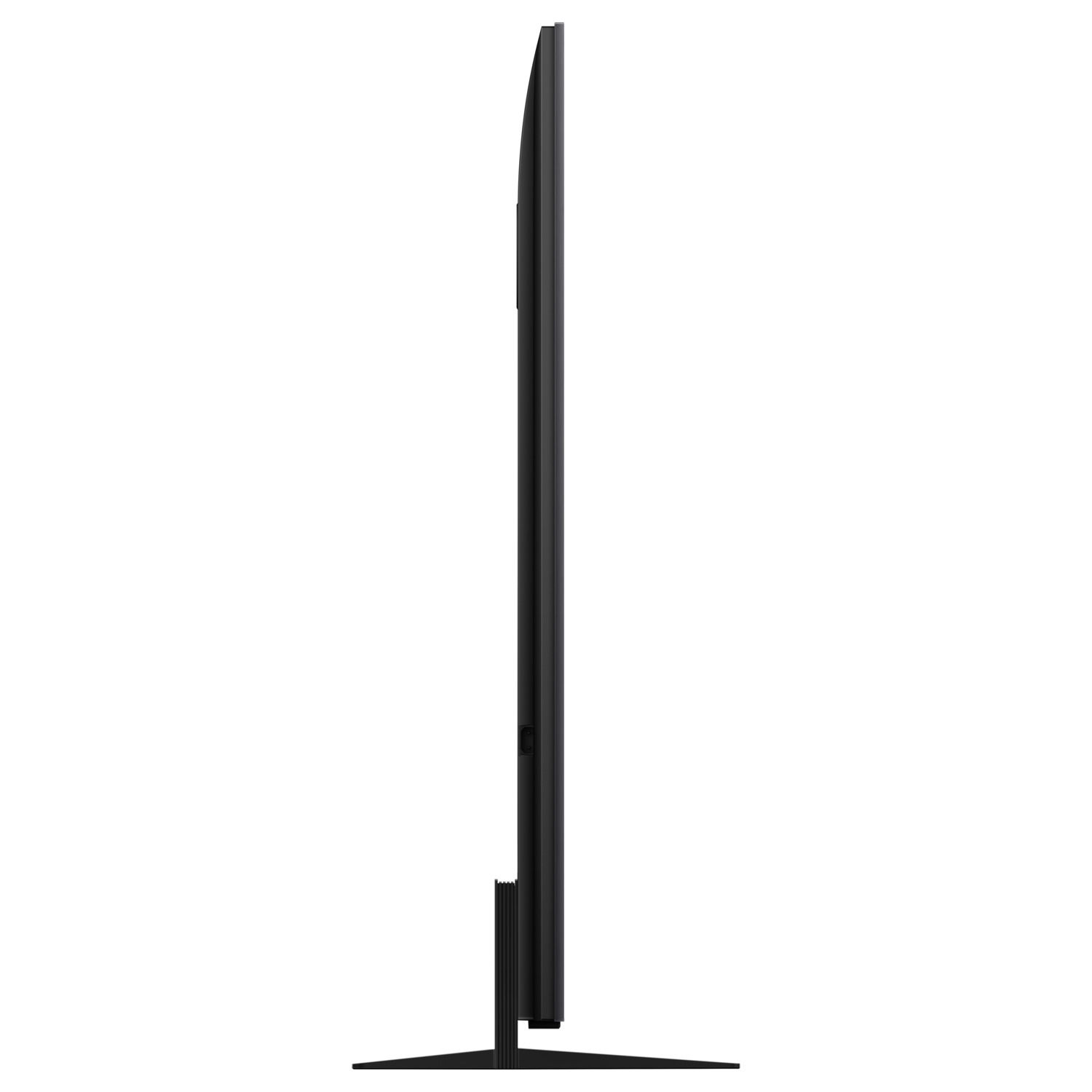 Side view of a black TV with a stand. The screen is visible, set against a white background.