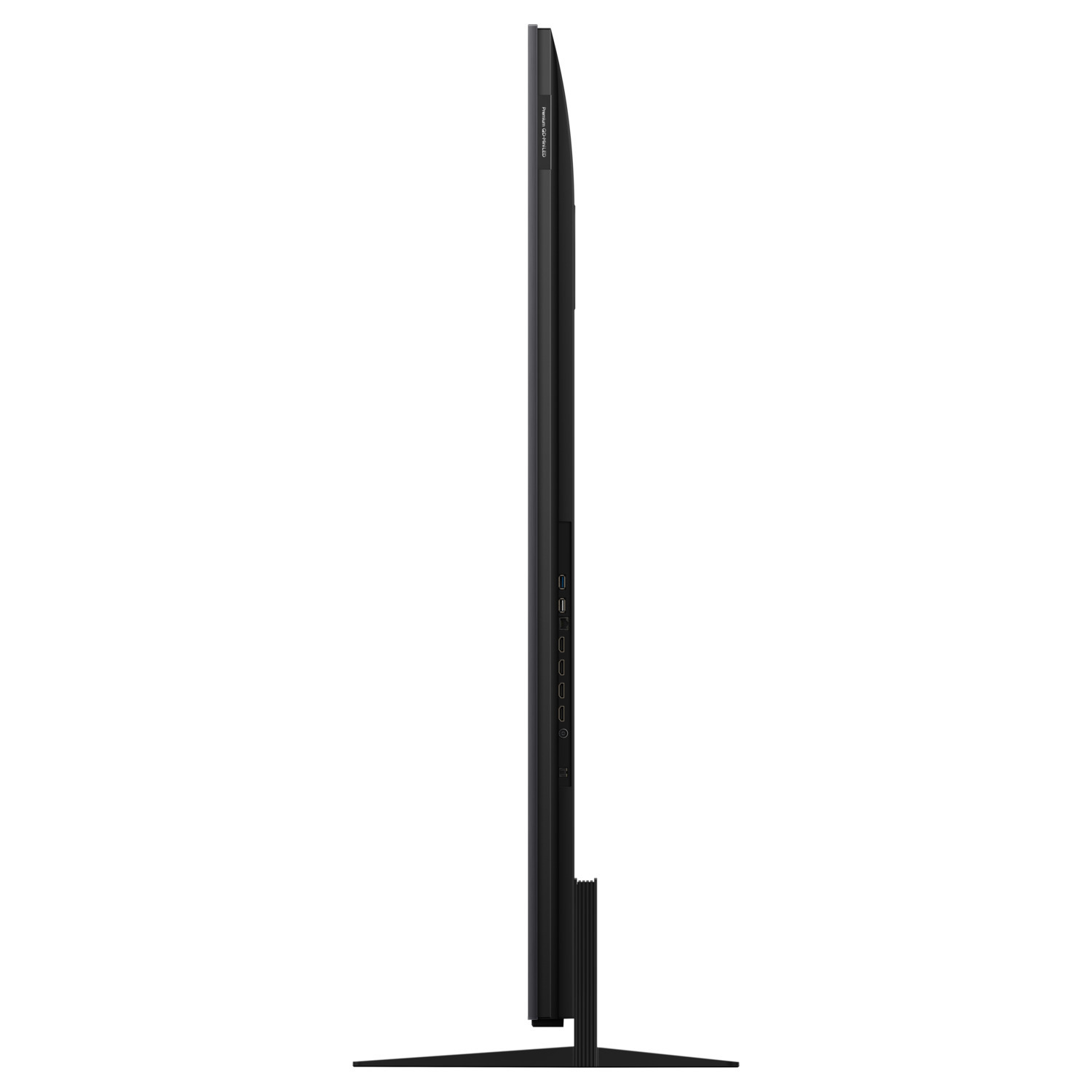 Side view of a slim black TV with a stand. Ports and details are visible on the side of the TV.
