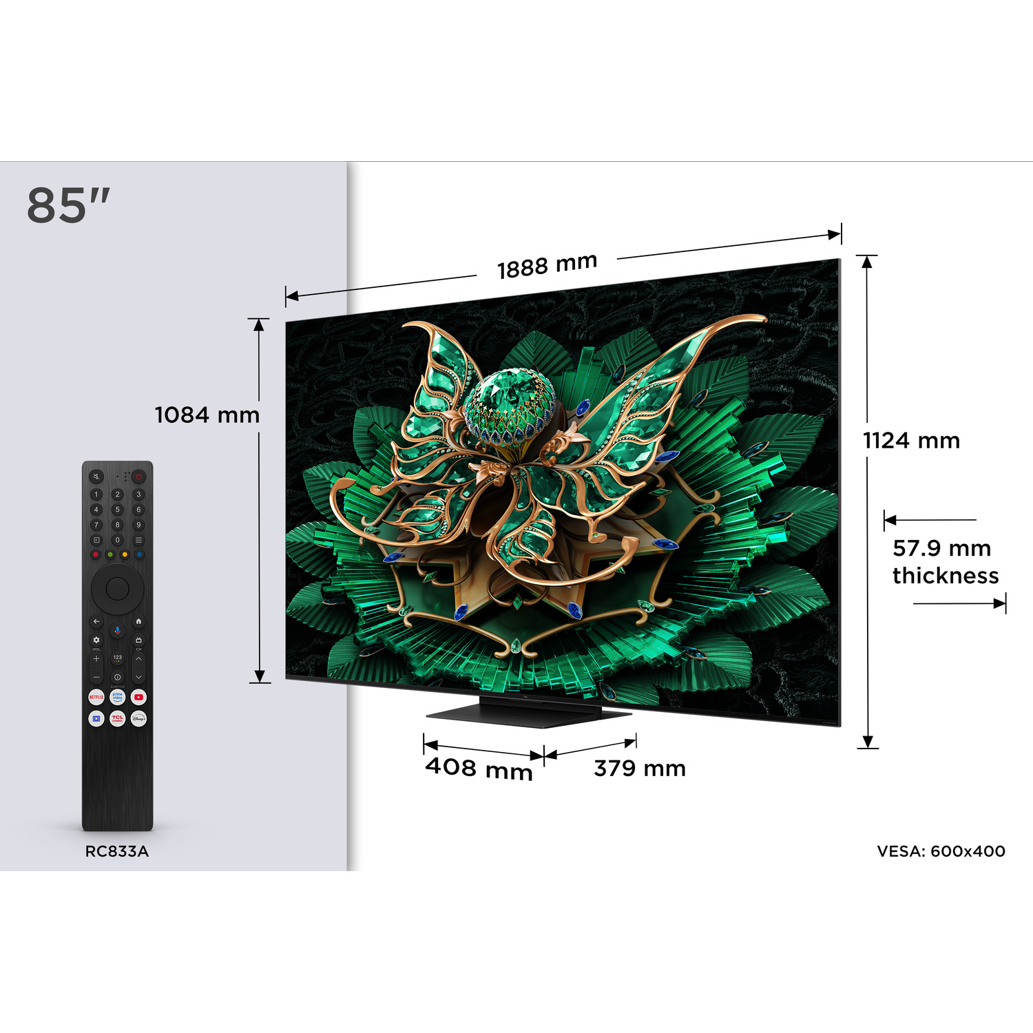 An 85-inch TV with a complex floral design on the screen, remote, and dimensions displayed.