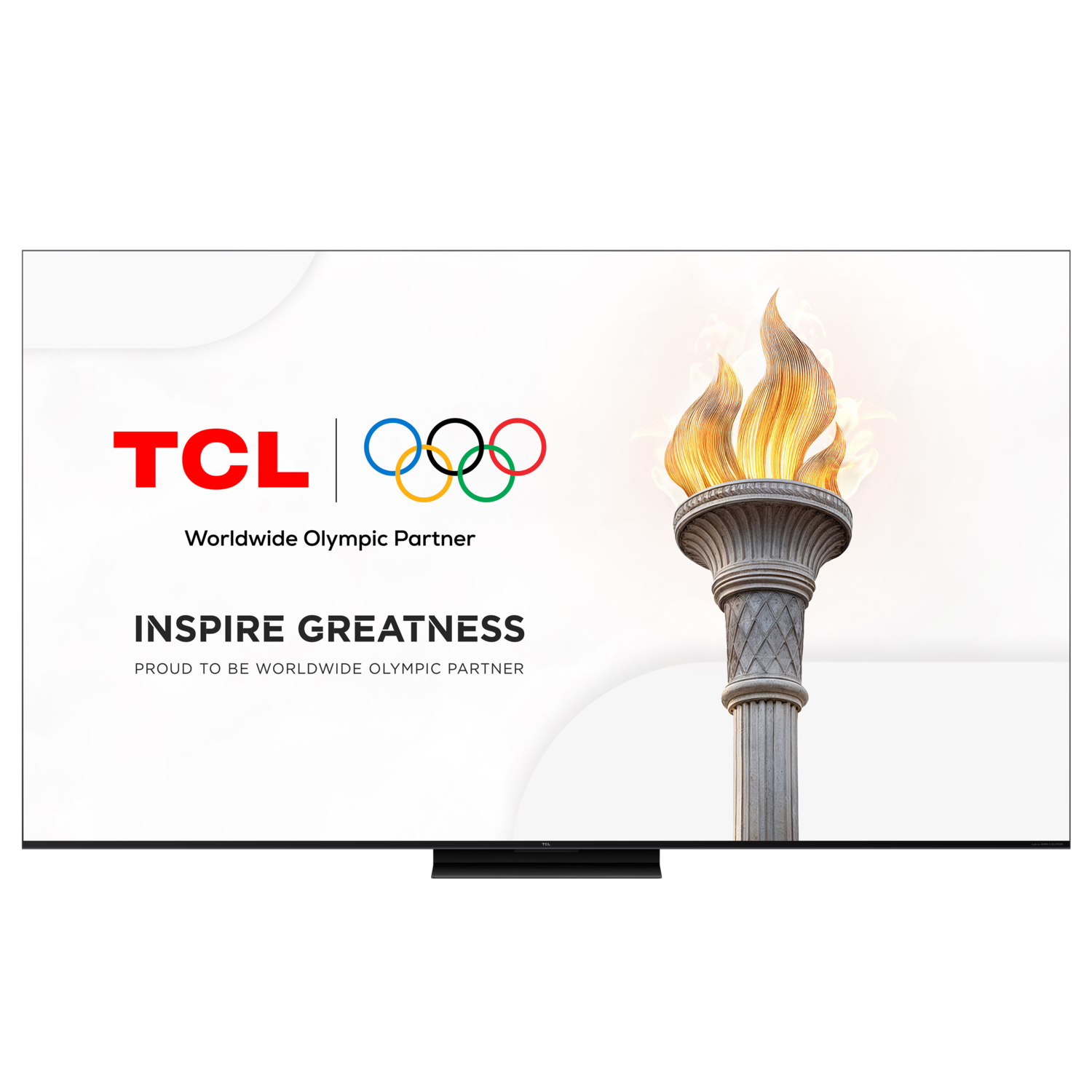 A TCL TV screen displays the Olympic rings, a torch, and the words 'Inspire Greatness'.