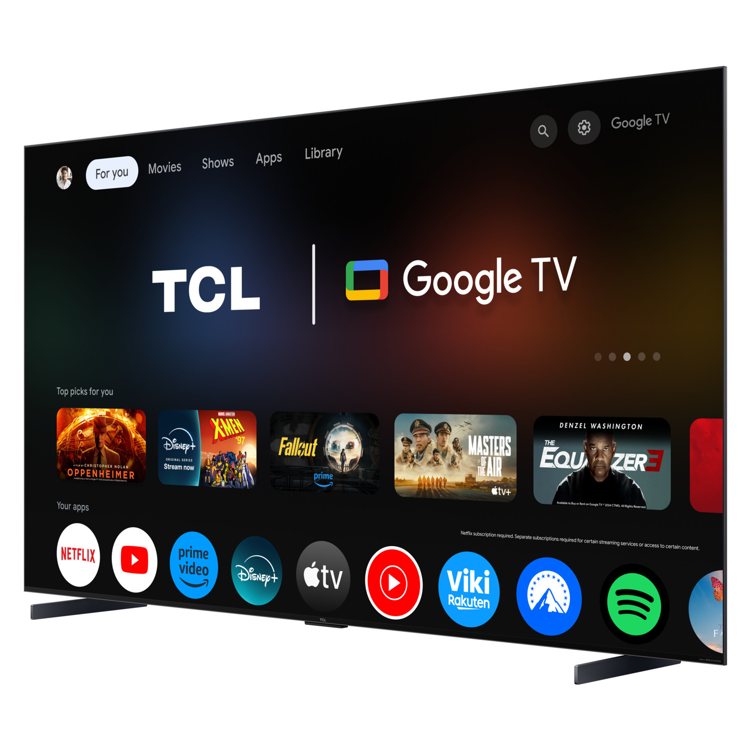 TCL Google TV-scherm met apps zoals Netflix, Disney+ en Prime Video. Er worden ook shows weergegeven.